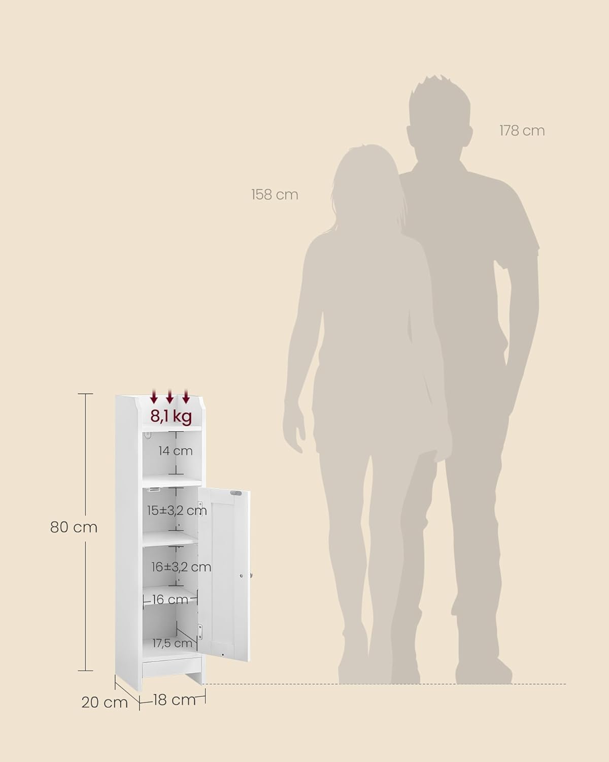 VASAGLE - meuble salle de bain angle, 20x18x80cm, blanc, portes/étagères réglables, BBC310W01