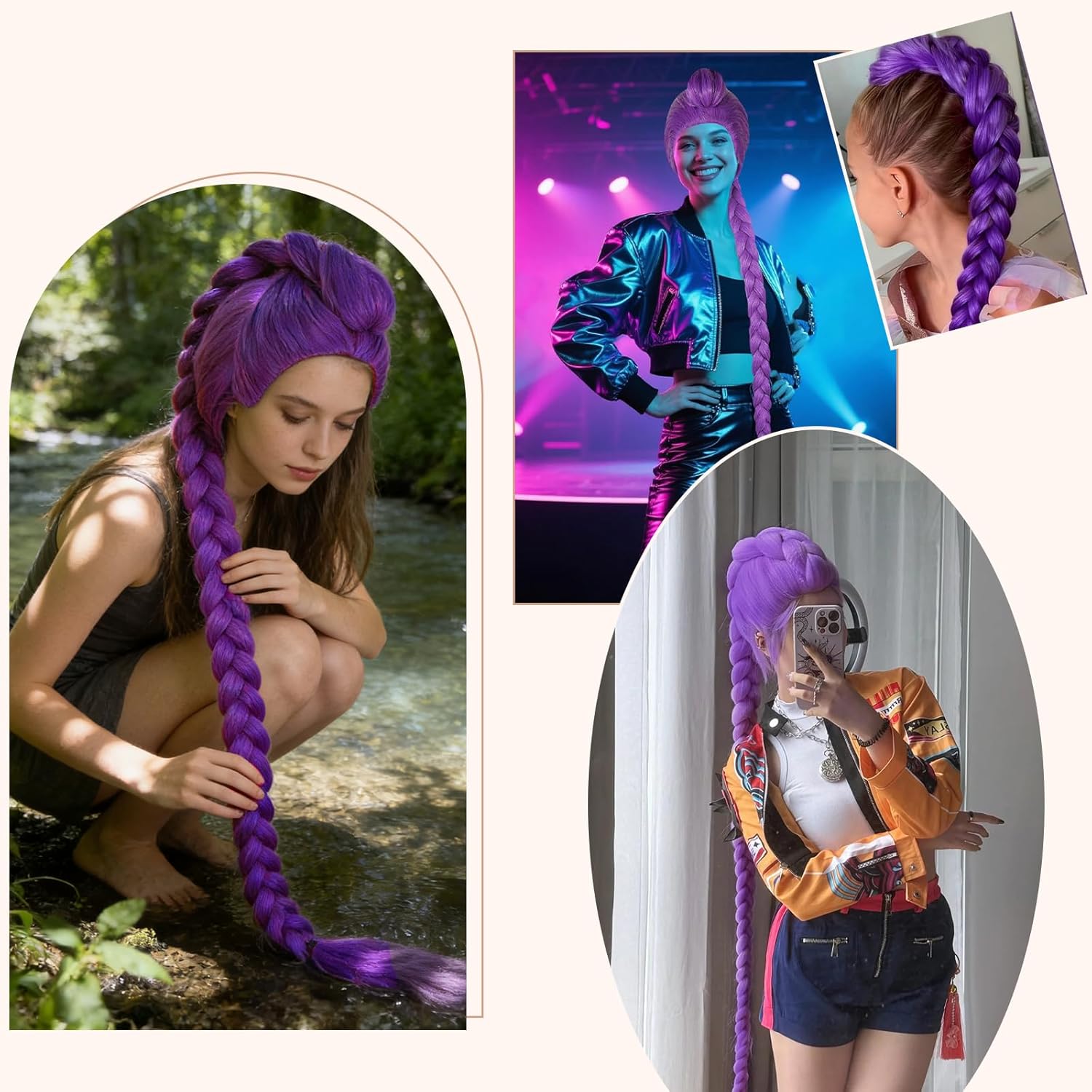 Perruque cosplay violette - longue tresse amovible - mixte adulte - idéale fête, Halloween, carnaval