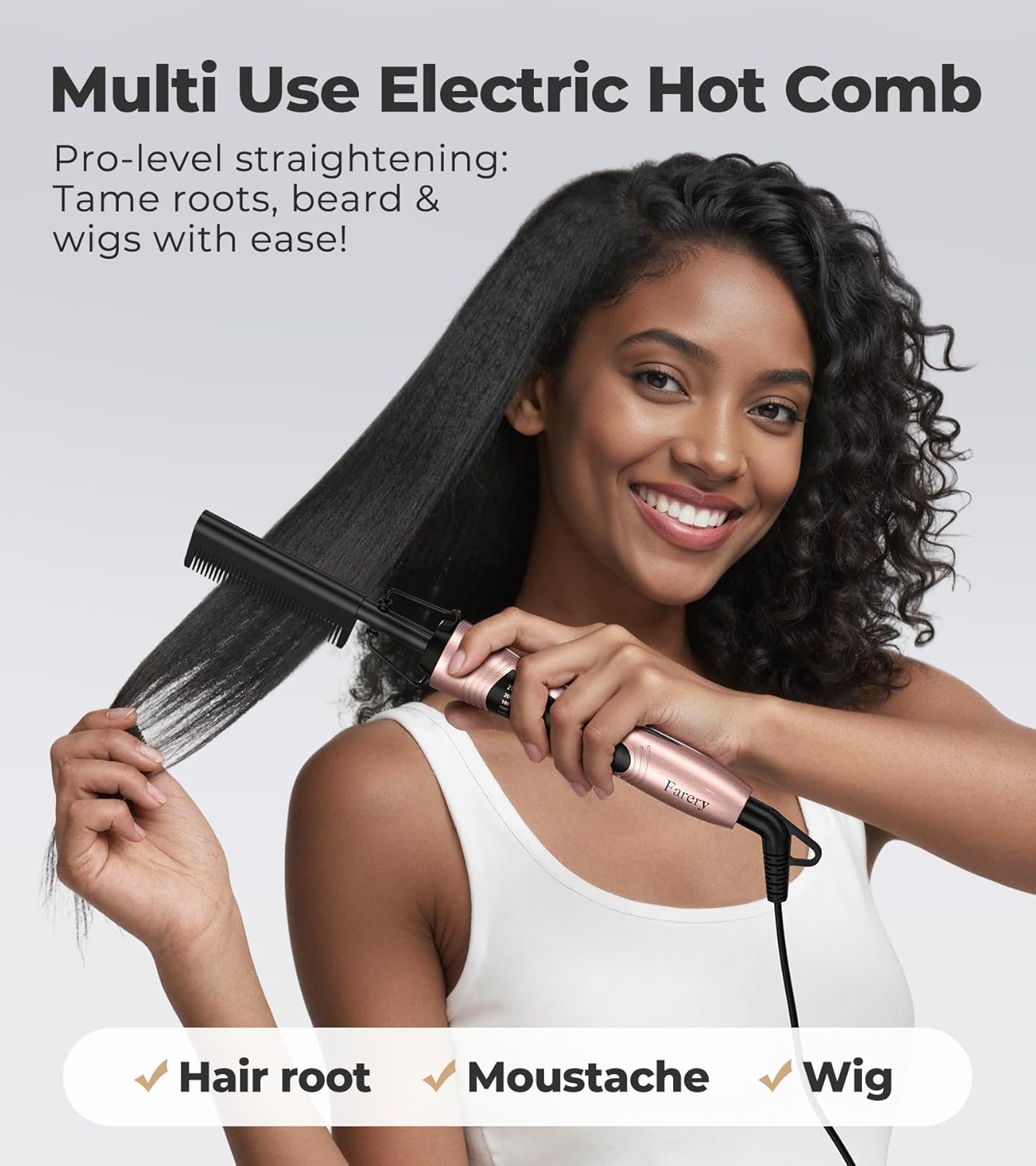 Farery – Peigne Chauffant Lisseur – Temp. réglable, arrêt auto, double tension