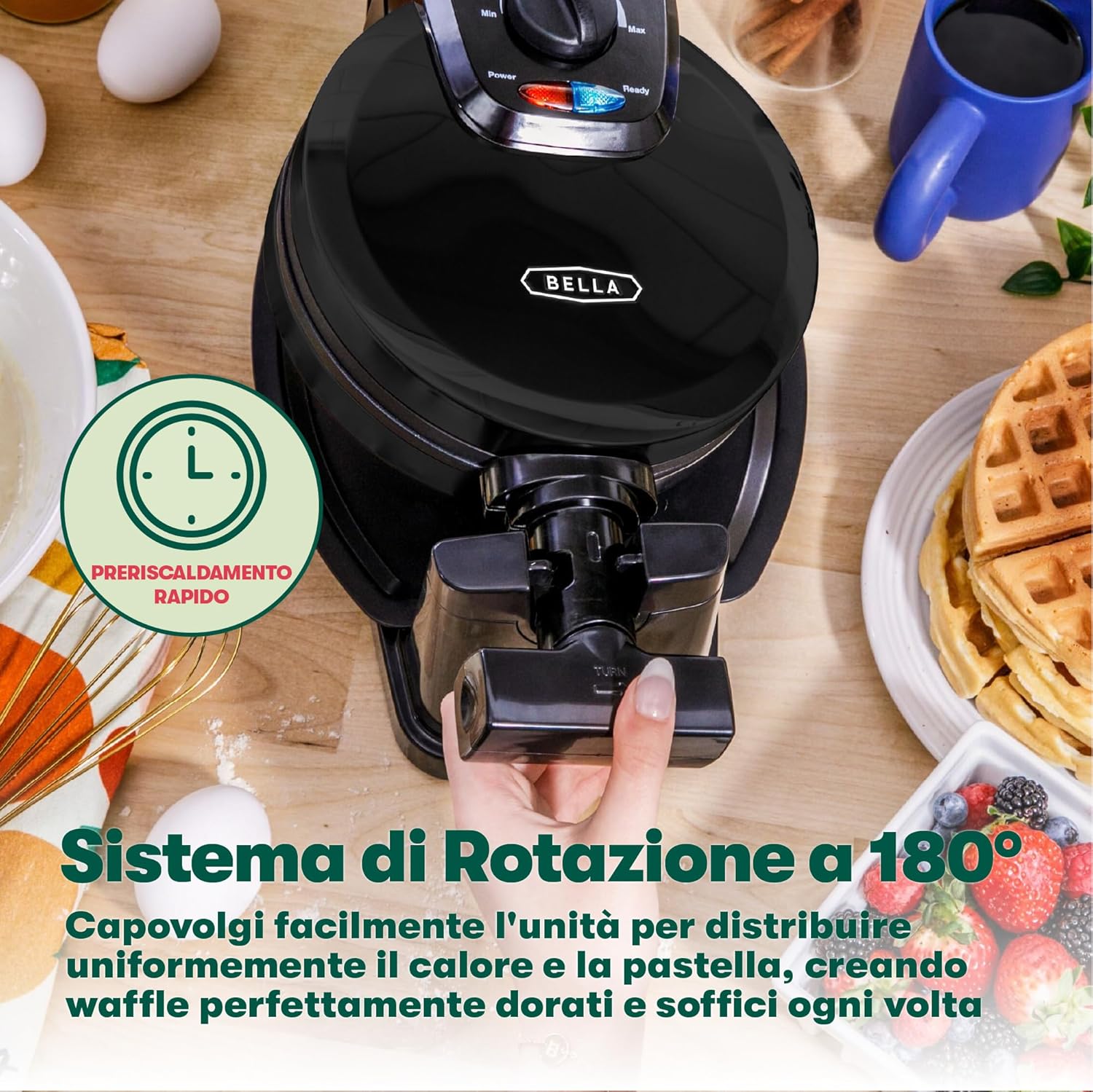 Bella – gaufrier rotatif classique, plaques antiadhésives, bac amovible, contrôle brunissement