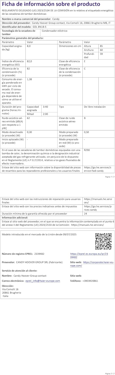 Candy - sèche-linge 8 kg - pompe à chaleur, écran digital, 16 cycles - ProDry 300 GDL 8N1B-S