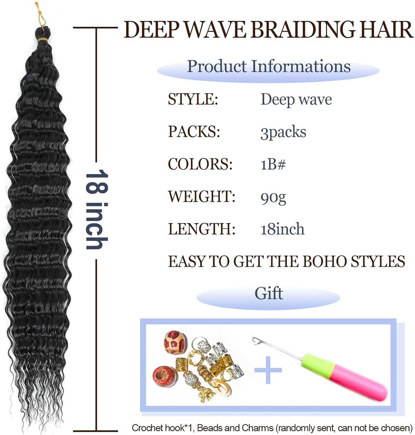 Extensions cheveux - Deep Twist Ocean Wave - 18 pouces - 3 paquets, boucles synthétiques, souples, couleur 1B