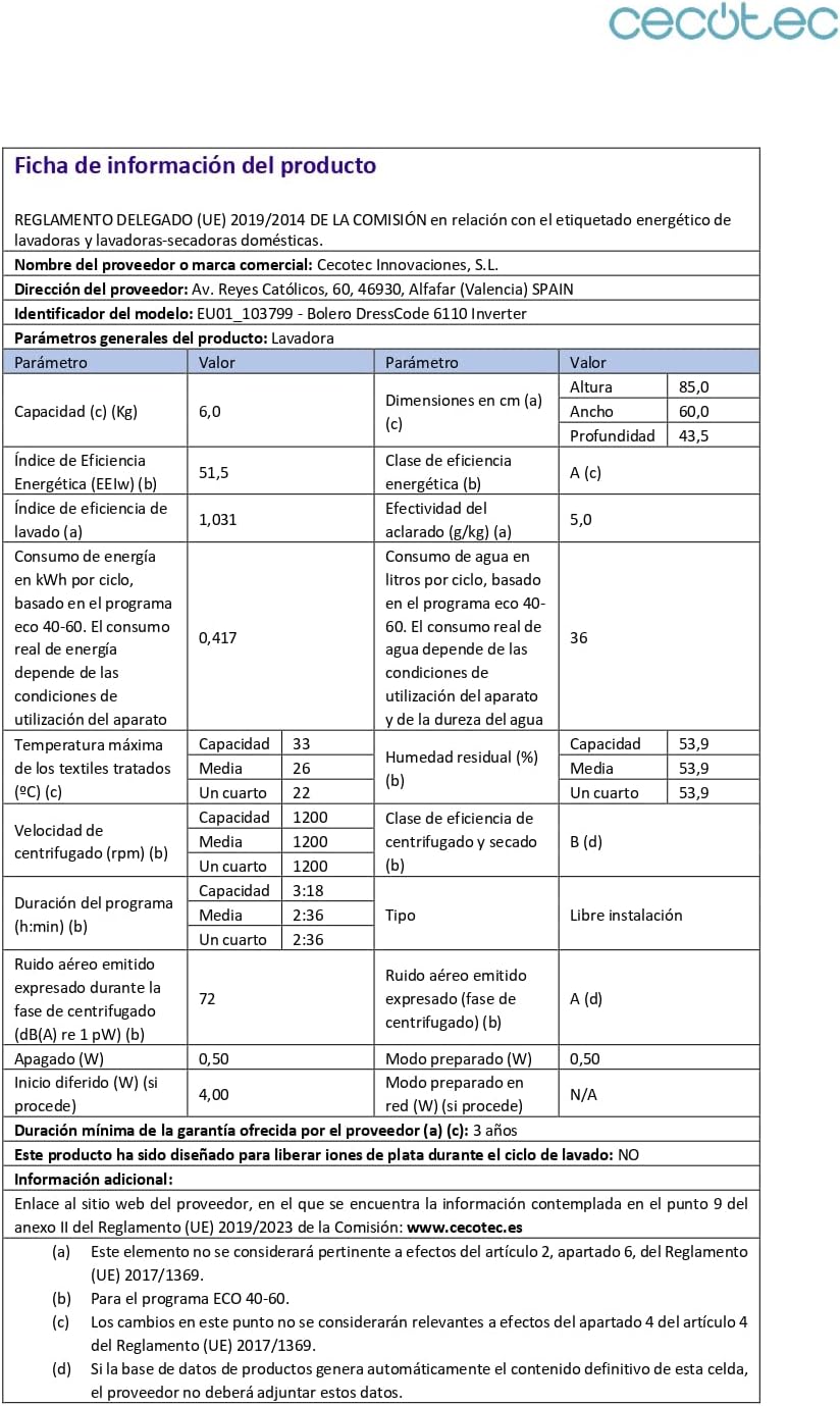 Cecotec - Bolero DressCode 6110 - 6kg, Inverter, 11 programmes, 1600W, 1200rpm