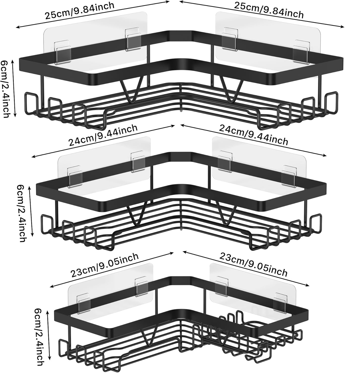 Etagere douche - 3 pièces, angle, sans perçage, noir, rangement optimisé