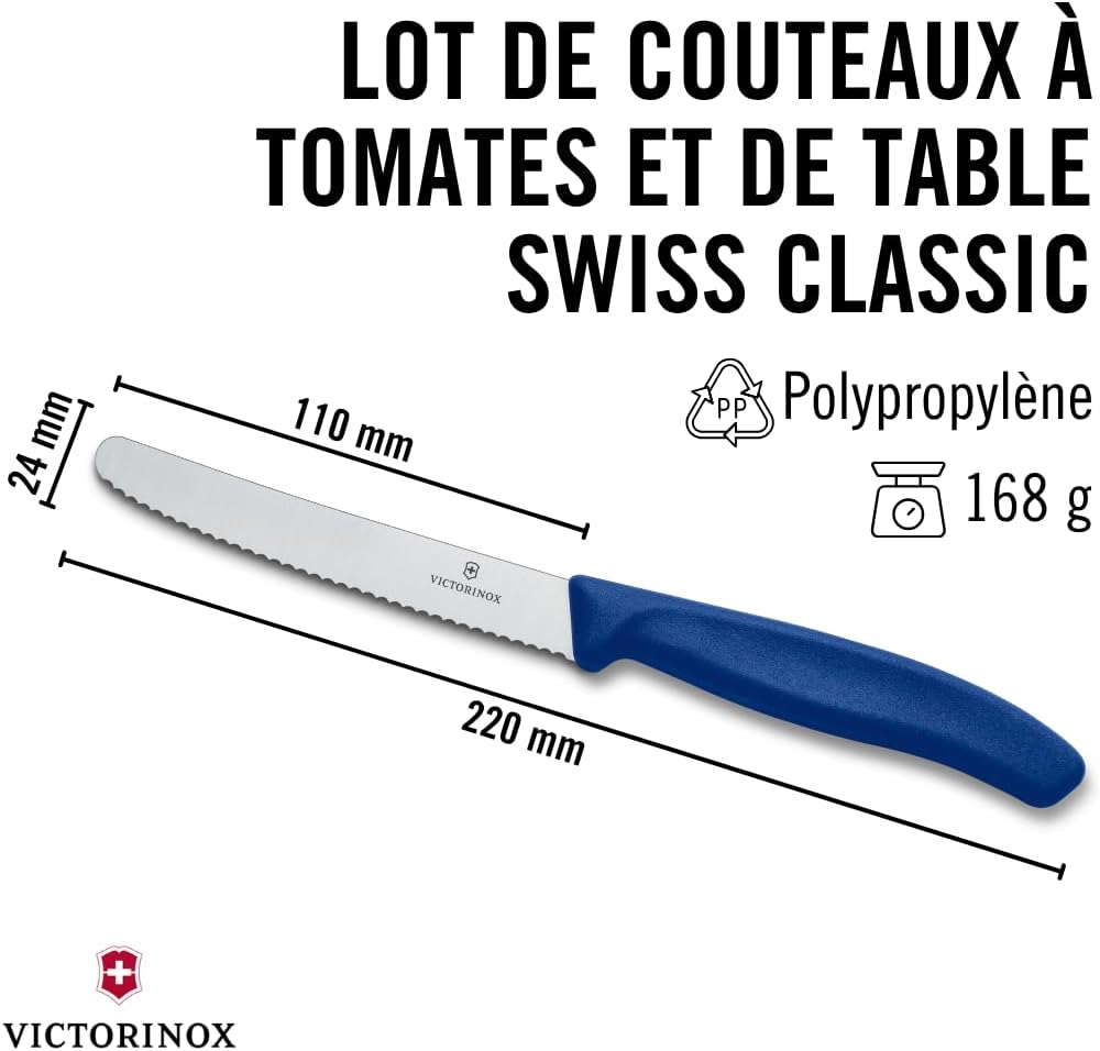 Victorinox Swiss Classic - couteau petit-déjeuner 11cm - lame dentelée - set 6 pièces - manche plastique bleu