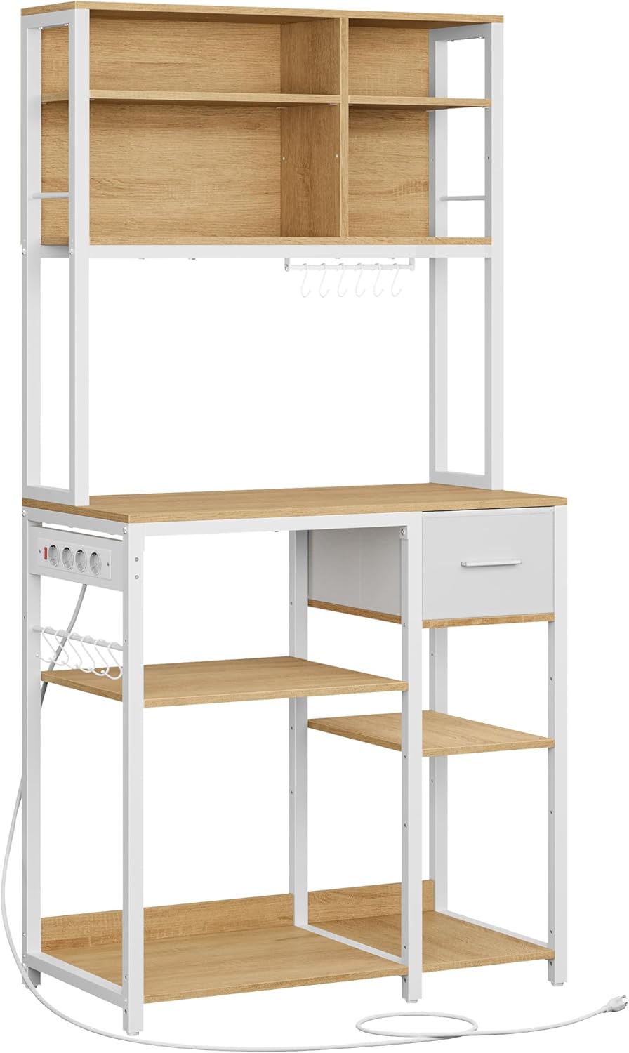 VASAGLE - étagère cuisine/bar café - 40x80x180 cm - multiprise, tiroir tissu, 12 crochets, étagères réglables KKS015Y02