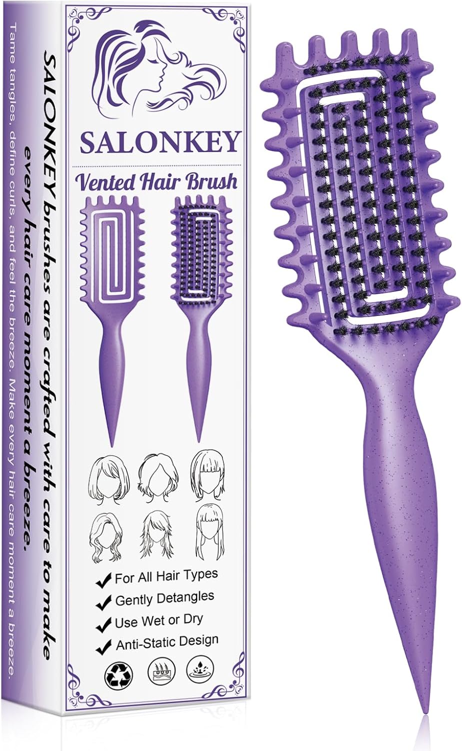 Brosse à boucler - poignée ergonomique, antistatique, violette, démêlage doux