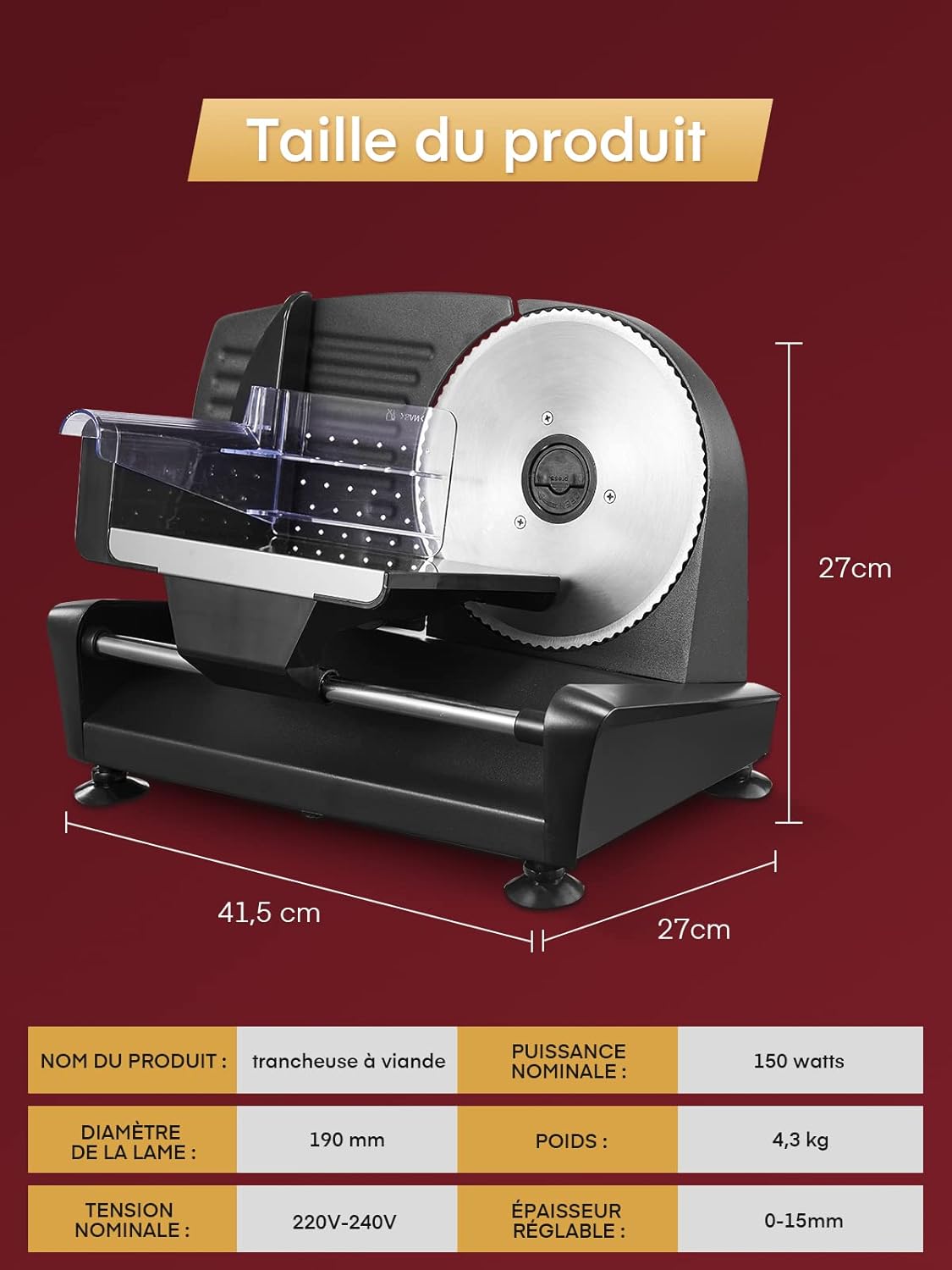 Trancheuse électrique - 200W - 19cm - 2 lames, épaisseur réglable