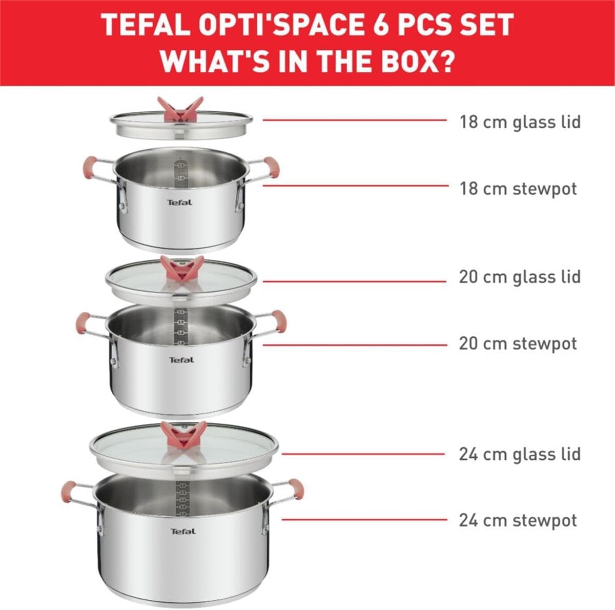Tefal - Opti'Space gamme inox - 18/20/24 cm - 3 faitouts induction empilables, couvercles verre, G720S674