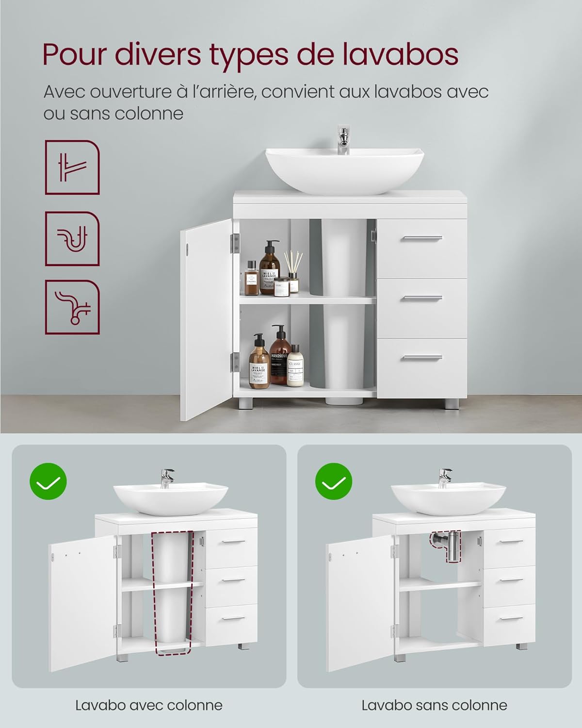 VASAGLE - meuble sous lavabo série BBK514WB01 - 30x60x64 cm - 3 tiroirs, 2 compartiments, pieds, blanc