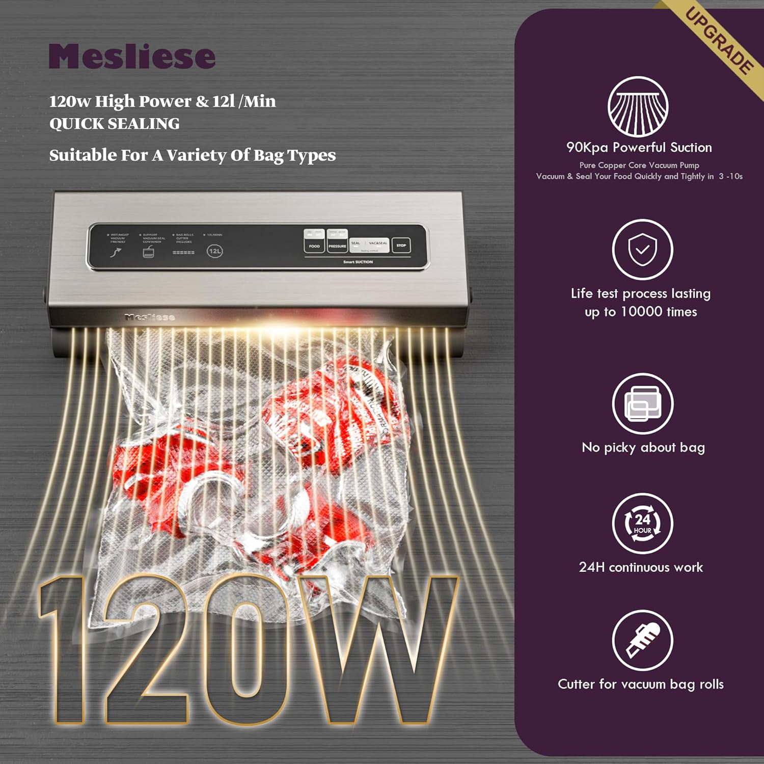 Mesliese - Machine Sous Vide 6-en-1, compacte, modes sec/humide, 2 rouleaux, 5 sacs, 90Kpa