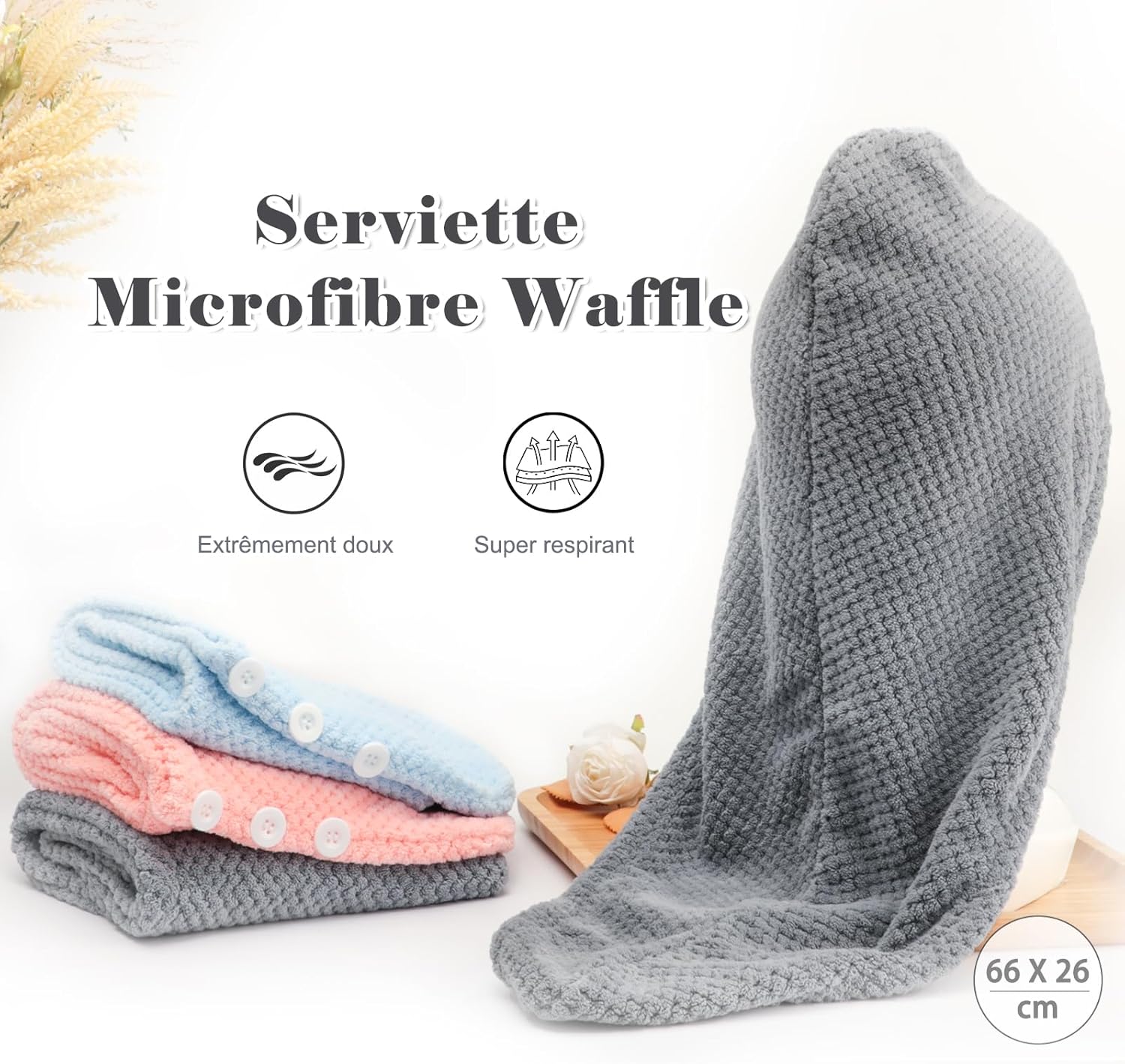 FREATECH – lot de 3 turbans microfibre – serviettes super absorbantes, anti-frisottis, bouton réglable – cheveux femmes/