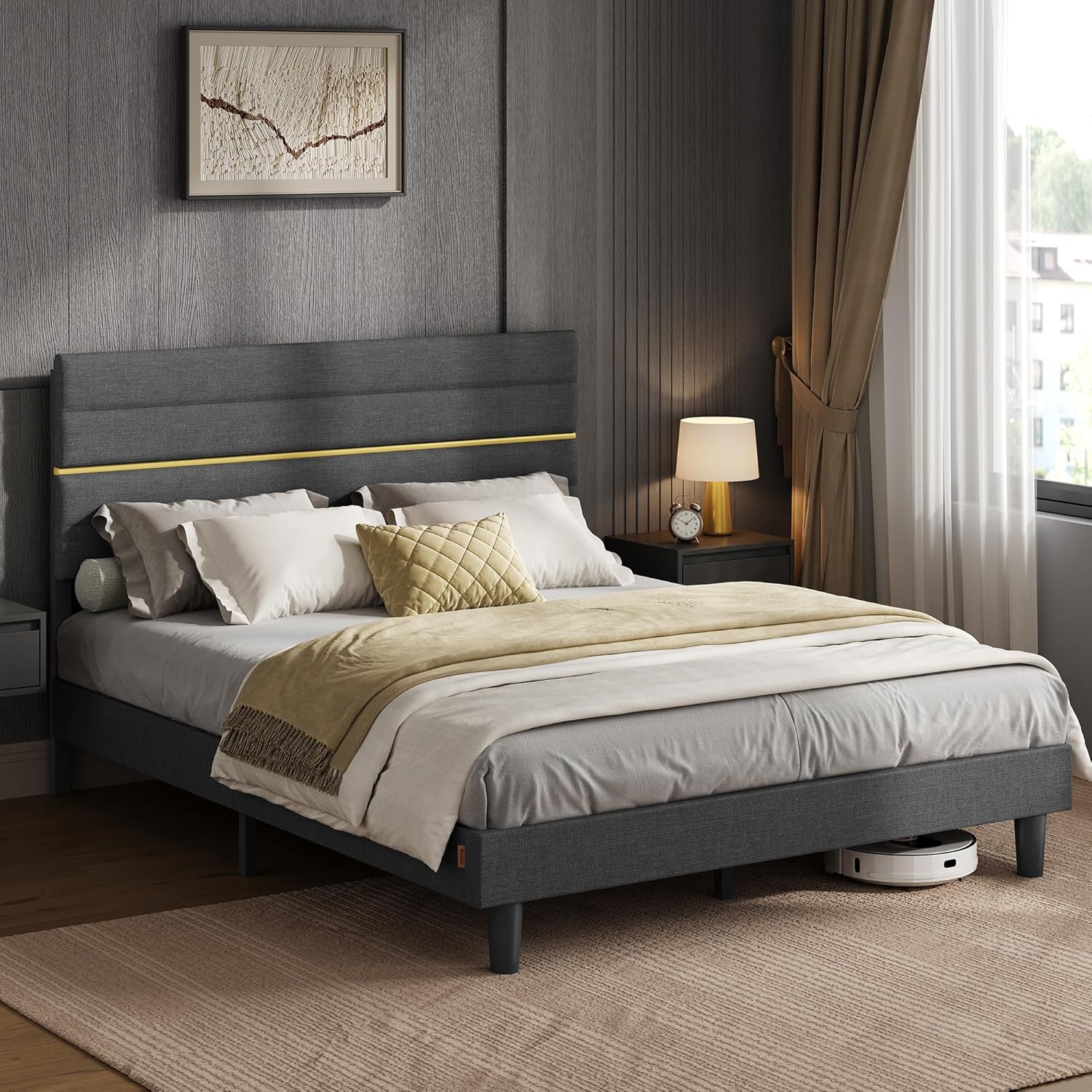 VASAGLE - lit double (série RMB) - 160x200 cm - tête rembourrée, métal, bois massif, gris ardoise - RMB505G01