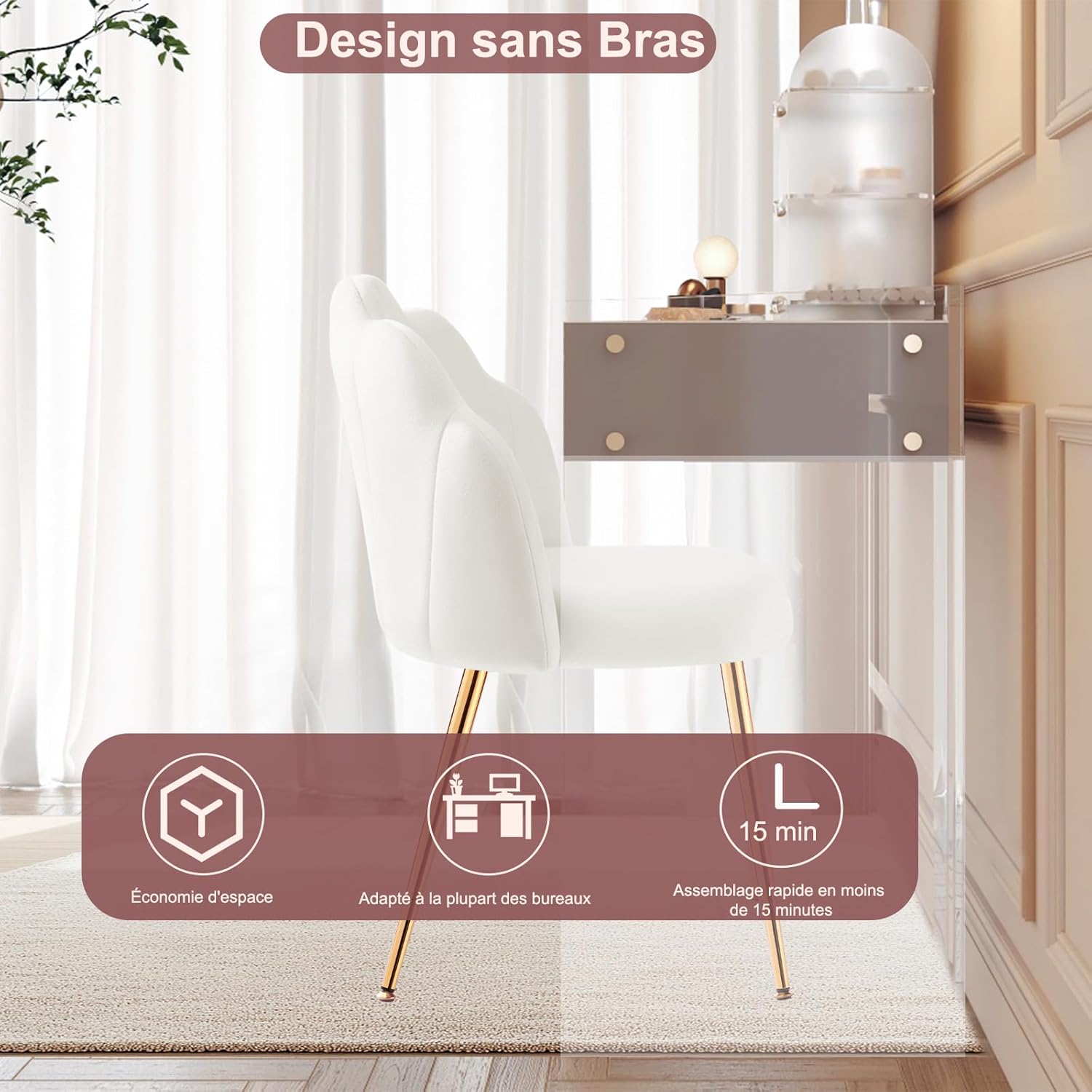 Chaise de coiffeuse - velours, pieds métal doré - design coquillage, adulte, chambre, beige/blanc