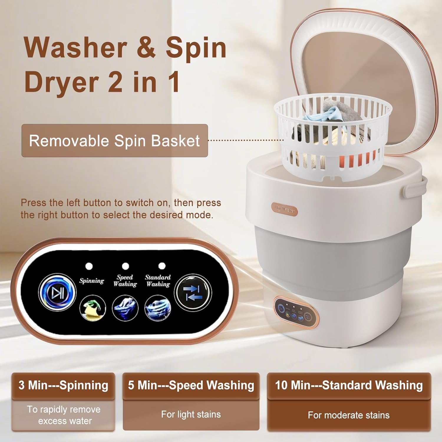 Mini-lave-linge portable 15L, pliable, essorage 2-en-1, compact