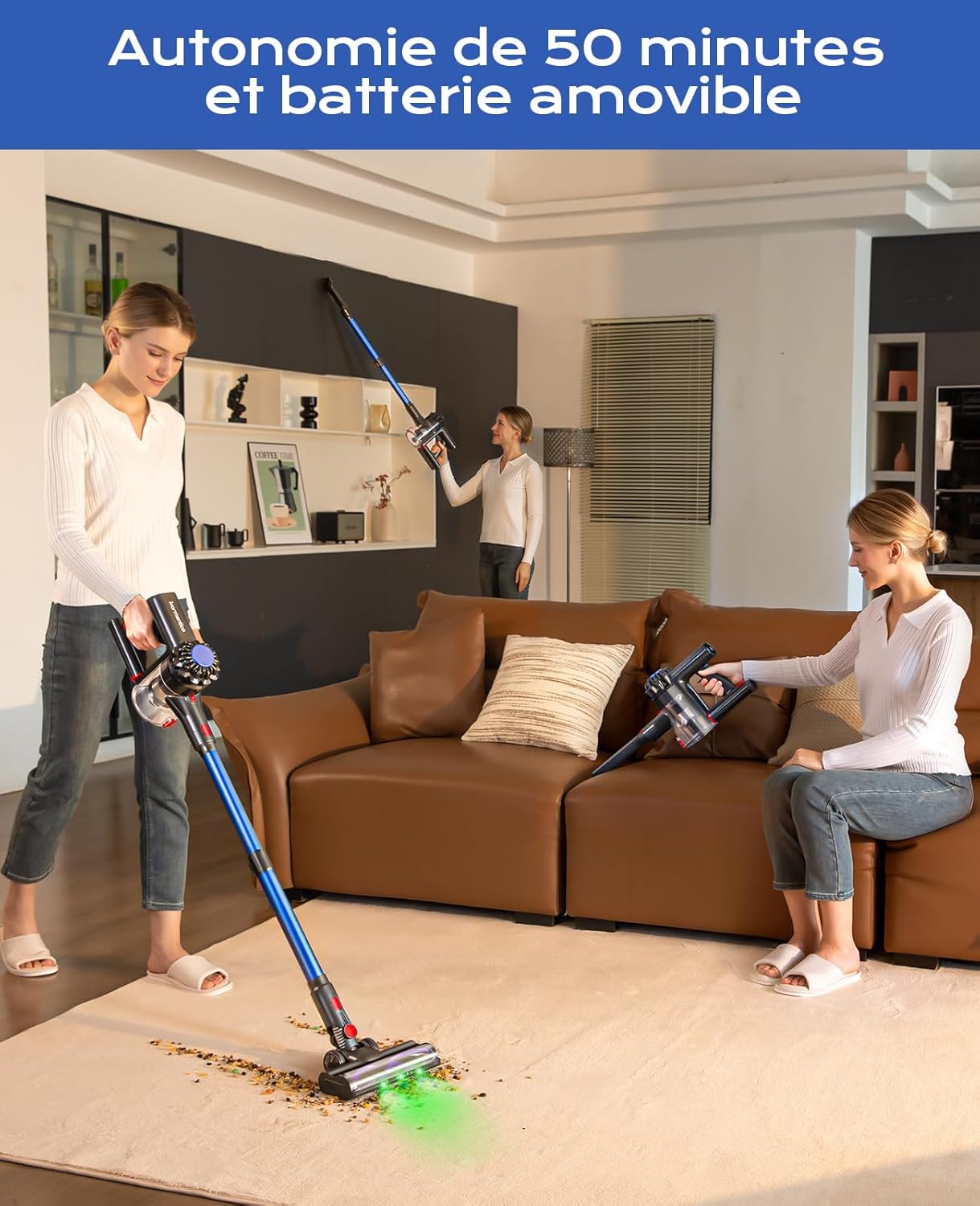 Aspirateur balai sans fil - 450W, 40KPA, 50min autonomie, LED verte, brosse sols/tapis, bleu