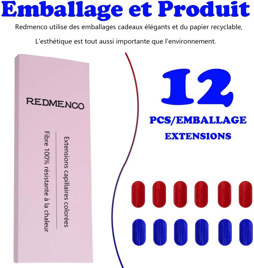 Extensions de cheveux - mèches colorées, 30cm, 12pcs, clips robustes