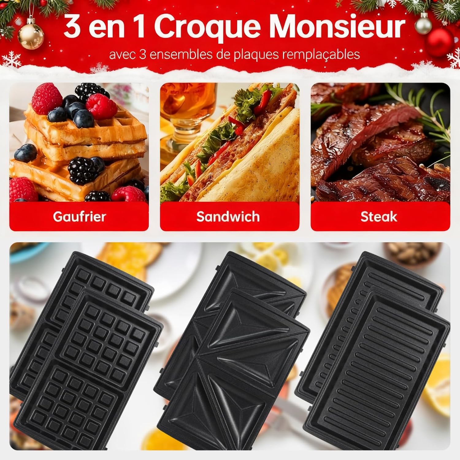 Appareil à Croque Monsieur 3 en 1 - 750W - plaques interchangeables antiadhésives - compact