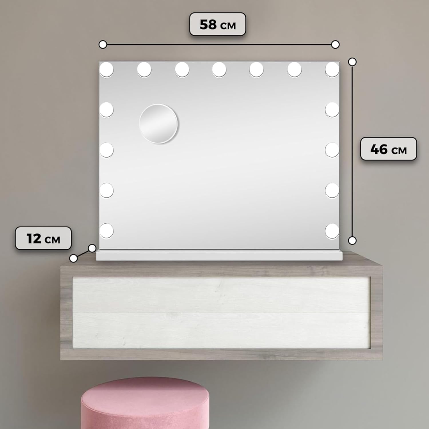 Bayt - miroir de maquillage Hollywood - 58x46cm - LED dimmable, grossissement 10x, blanc