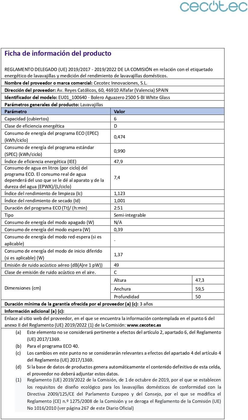 Cecotec - Bolero Aguazero 2500 - compact, 6 couverts, écran tactile, verre blanc - 2500 S-BI