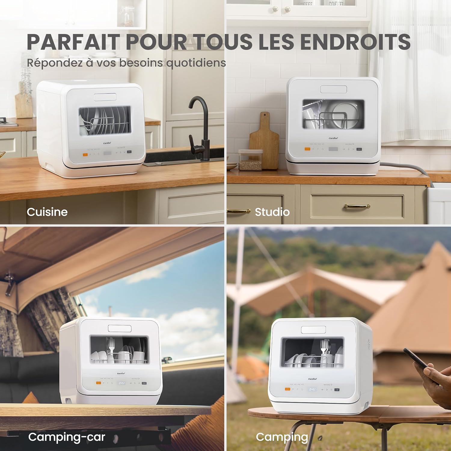 COMFEE' - lave-vaisselle de comptoir - compact - 6 programmes, sans plomberie, lavage vapeur