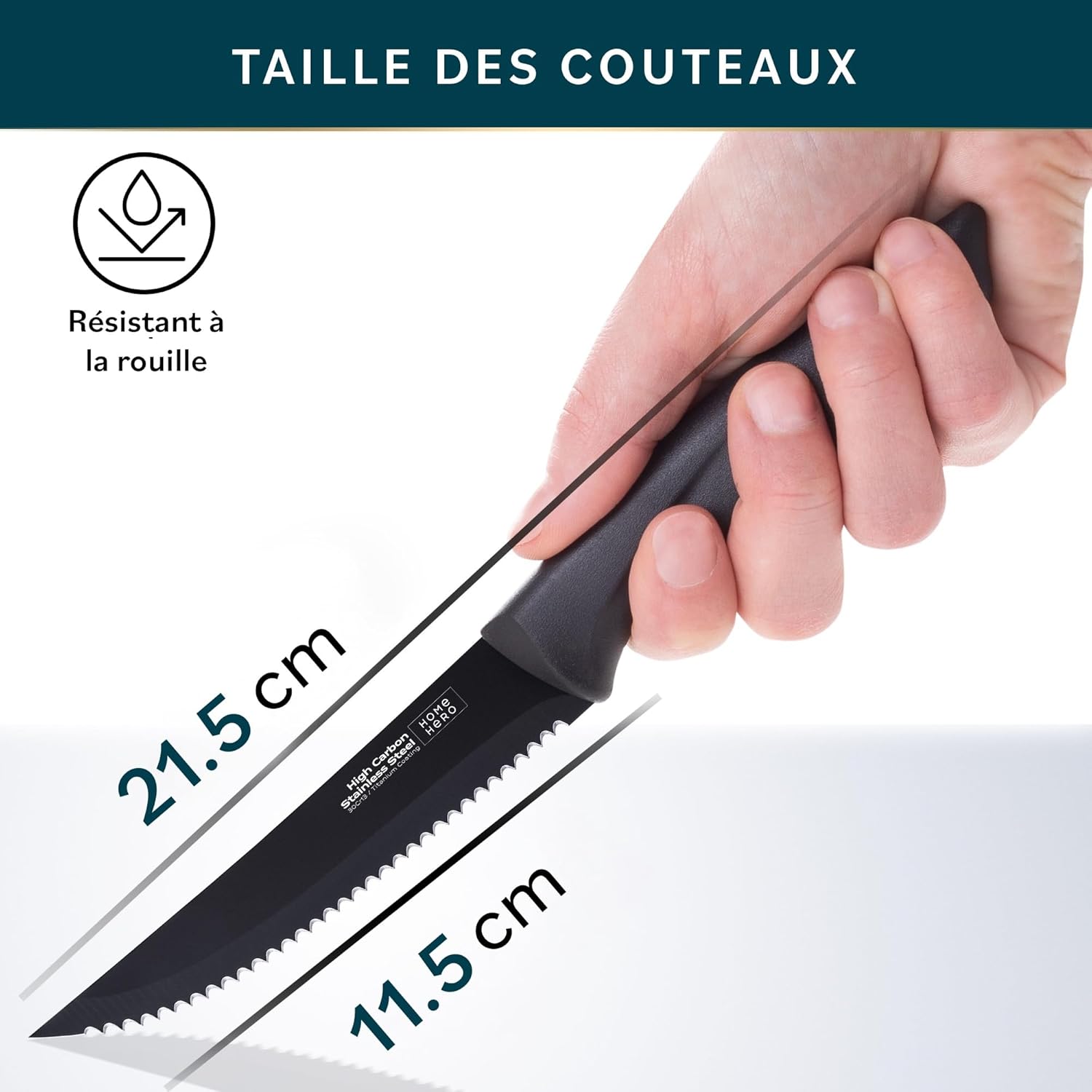 Couteaux à steak - lot de 8, 21cm, inox, lame dentelée, manche noir