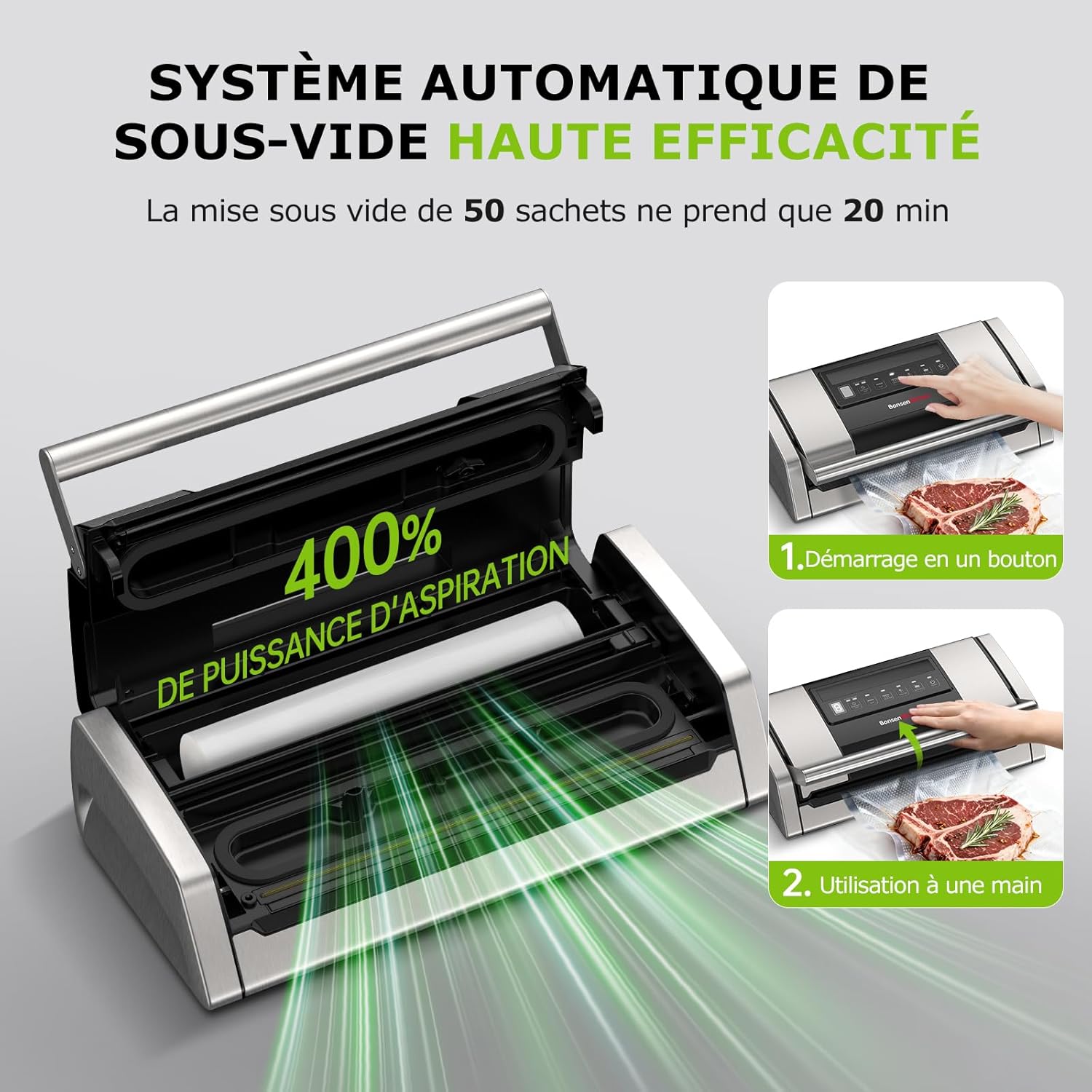 Bonsenkitchen - VS5100 - 15 L/min - Machine sous vide à clip, coupe-sac intégré