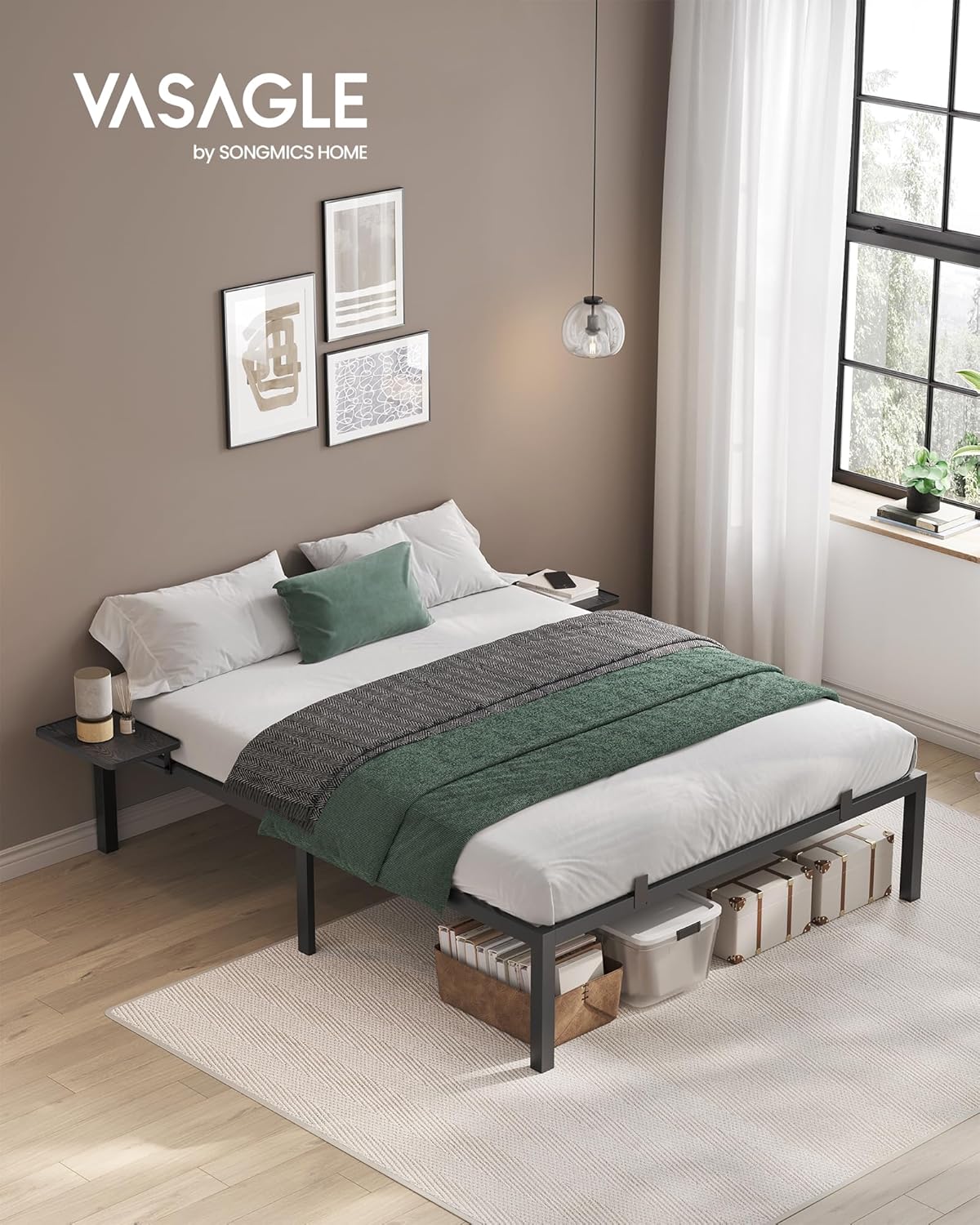 VASAGLE - Cadre de lit métal, étagères, tête de lit, 160x200 cm, RMB095B01