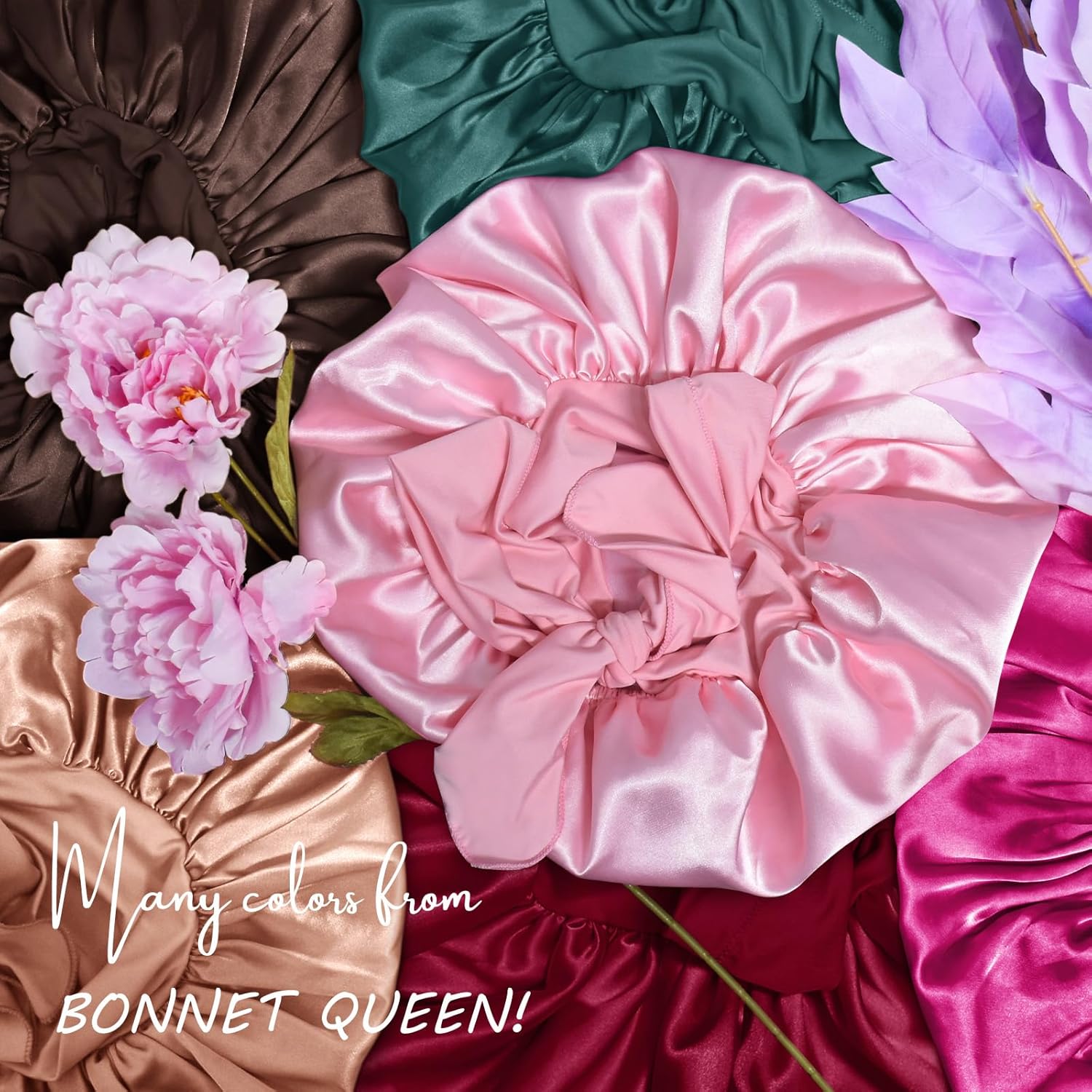 BONNET QUEEN - bonnet satin nuit femmes hommes moyen - ajustable, élastique, cheveux bouclés, or rose gris