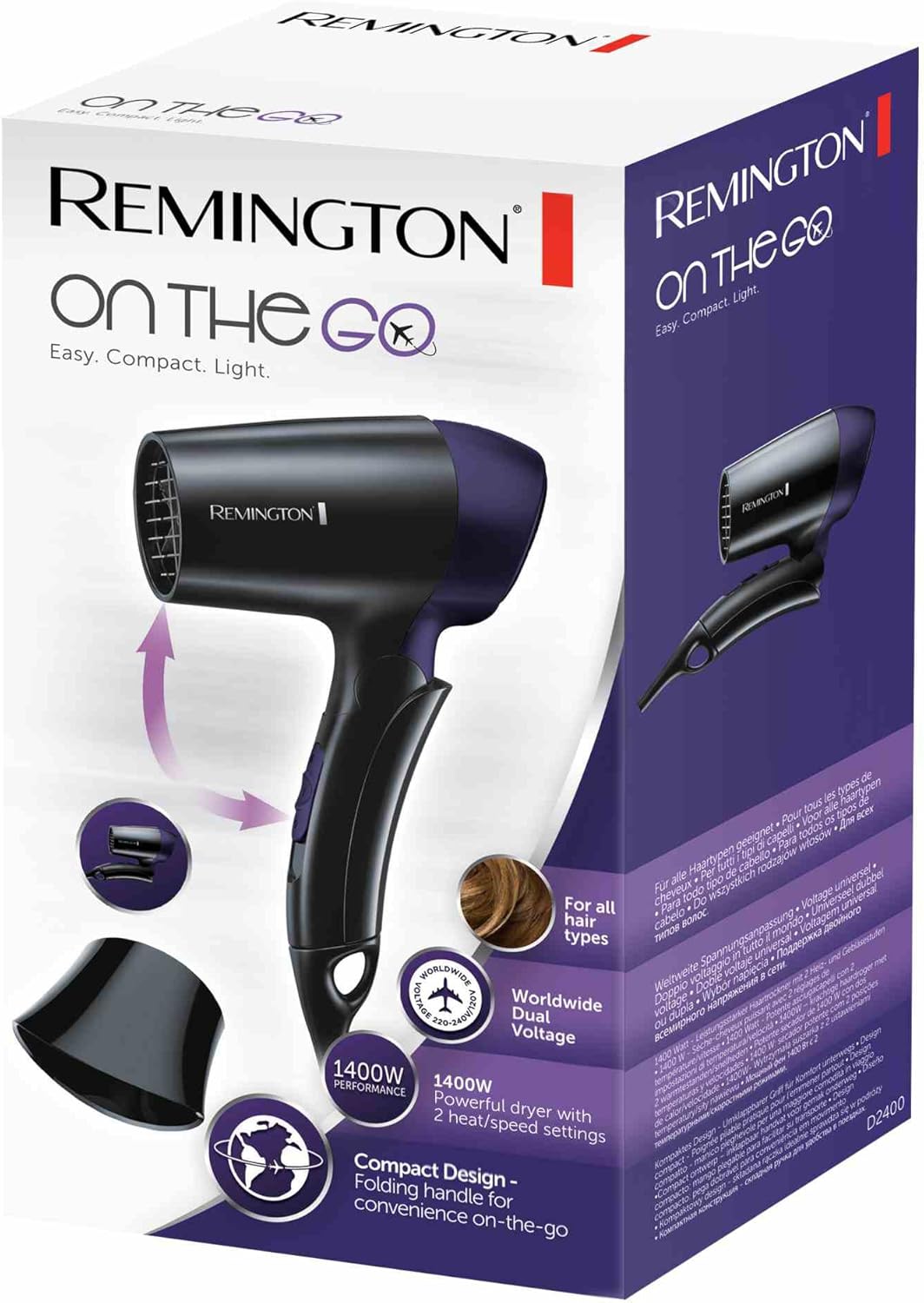 Remington - sèche-cheveux pliable ultra compact - 1400W, 2 vitesses, voltage universel - D2400
