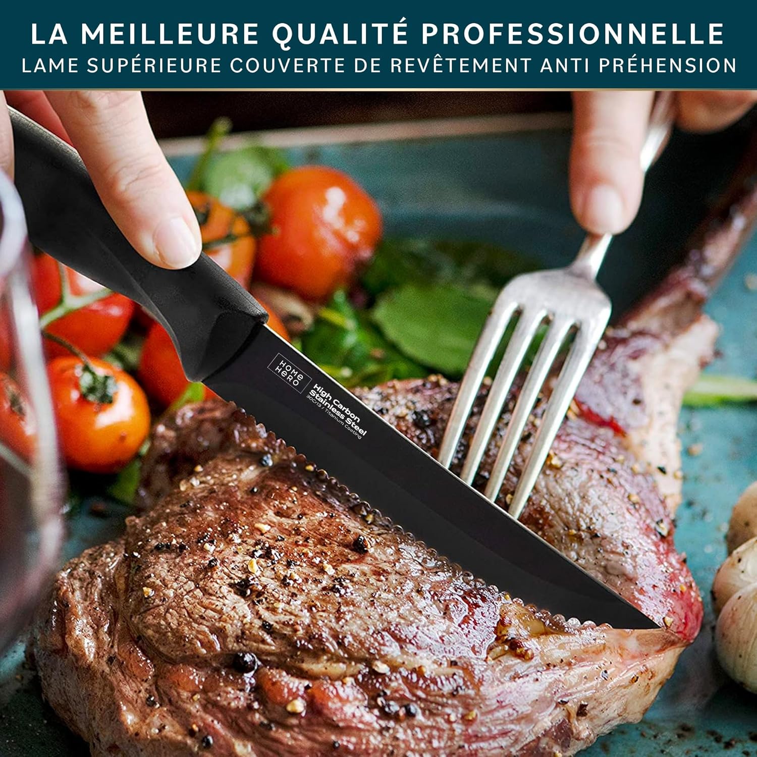 Couteaux à steak - lot de 8, 21cm, inox, lame dentelée, manche noir