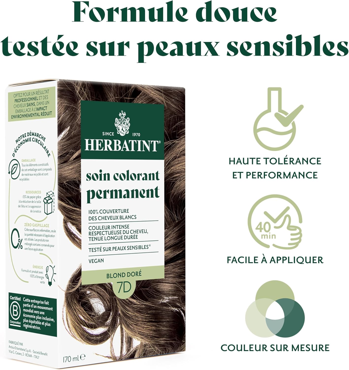 Herbatint - colorant permanent cheveux 7D - 170ml - sans ammoniaque, couvre 100% cheveux blancs