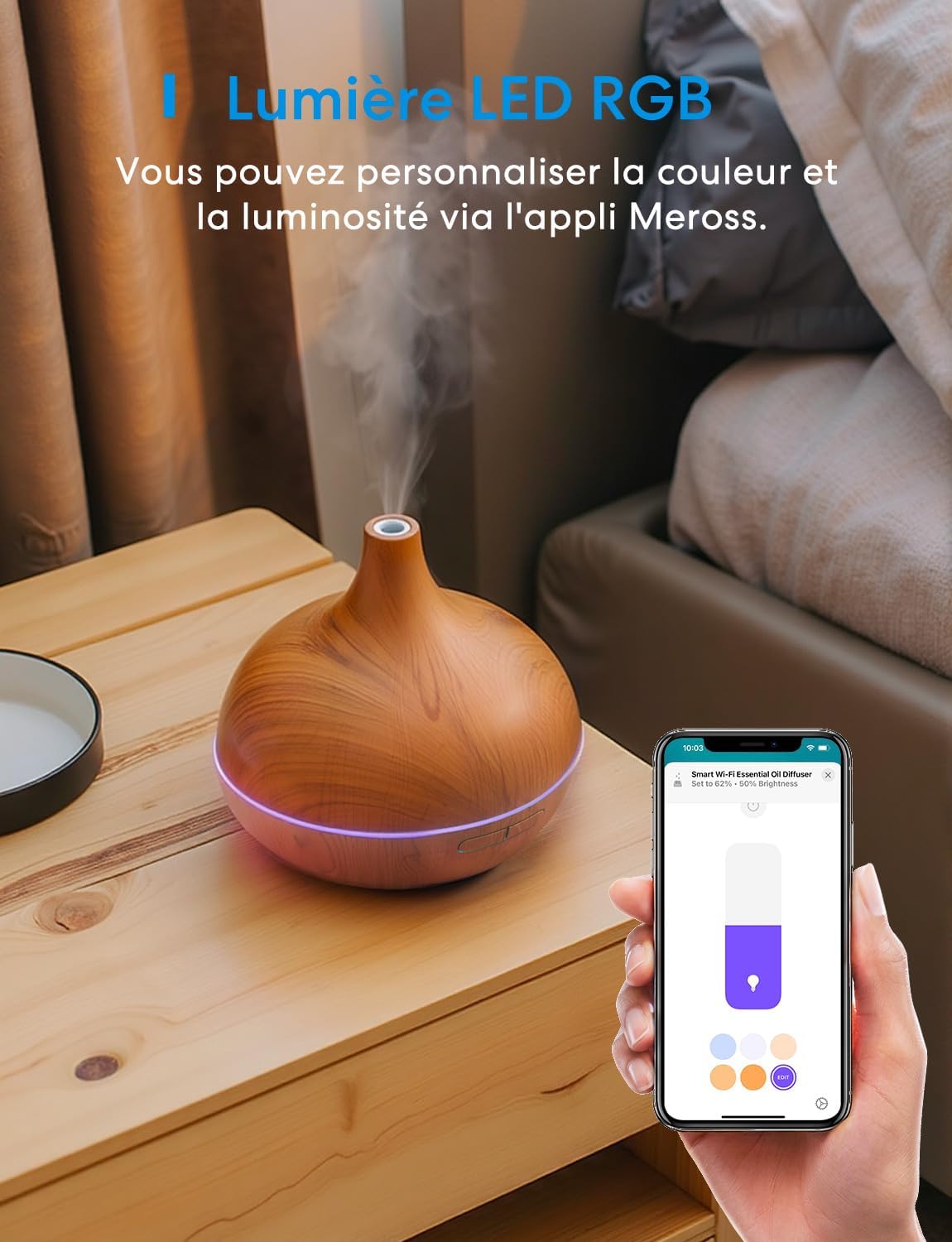 Meross - diffuseur huiles essentielles connecté - compact - WiFi HomeKit Alexa Google, RGB LED, sans BPA