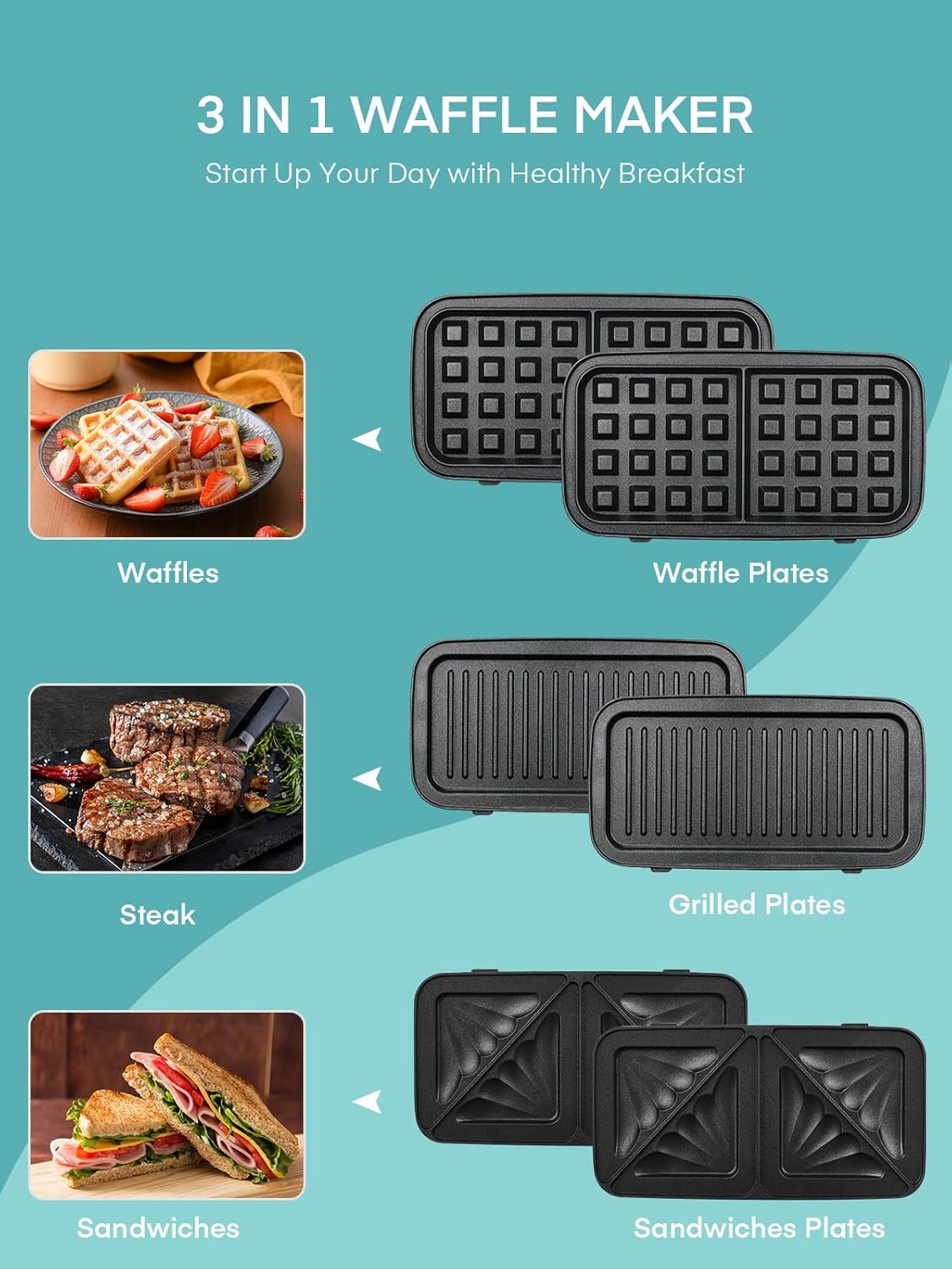 FOHERE - Gaufrier 3 en 1 1200W - 5 vitesses - plaques antiadhésives