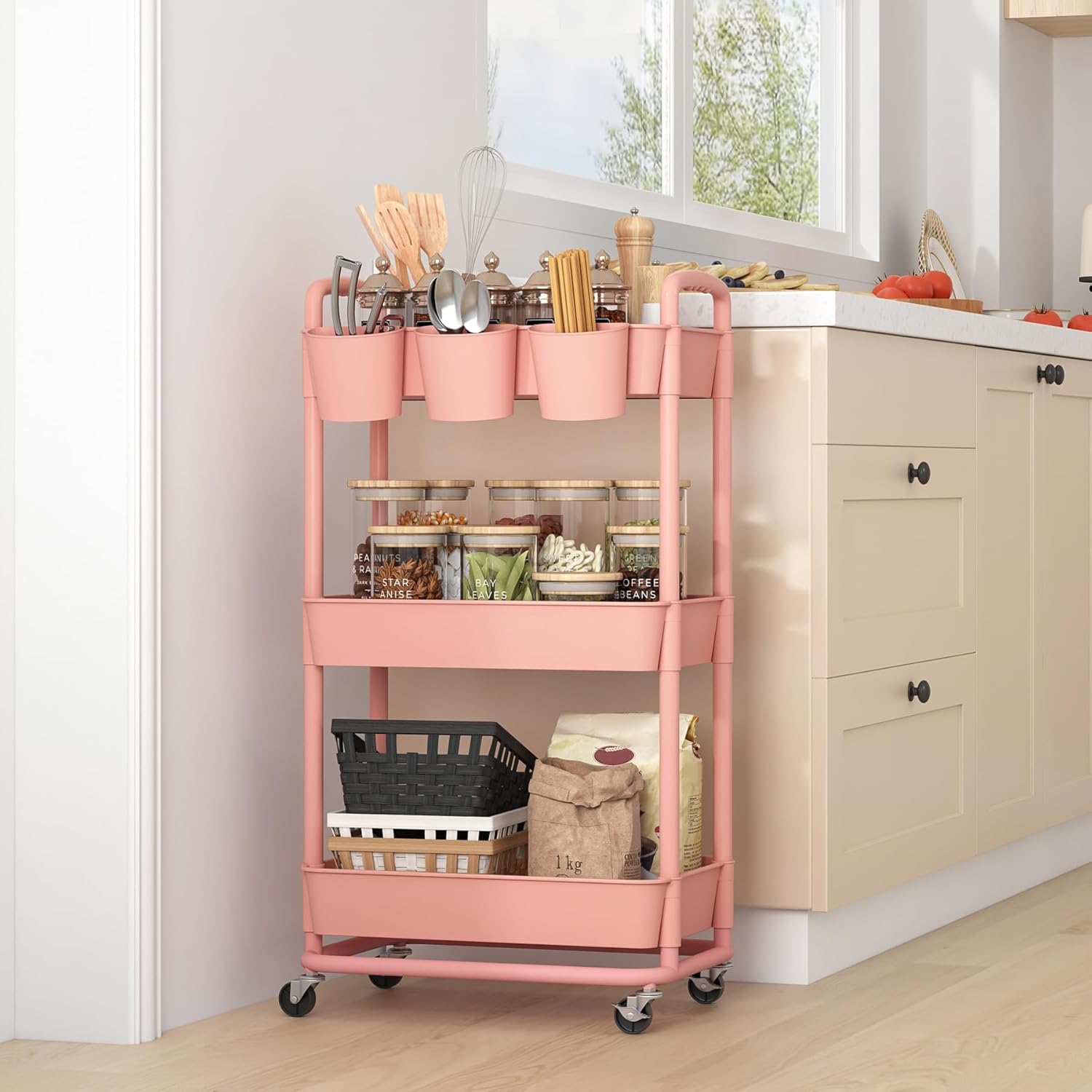 JIUYOTREE - chariot rangement 3 niveaux, roulettes, poignées, gobelets, 78x44x36 cm, rose