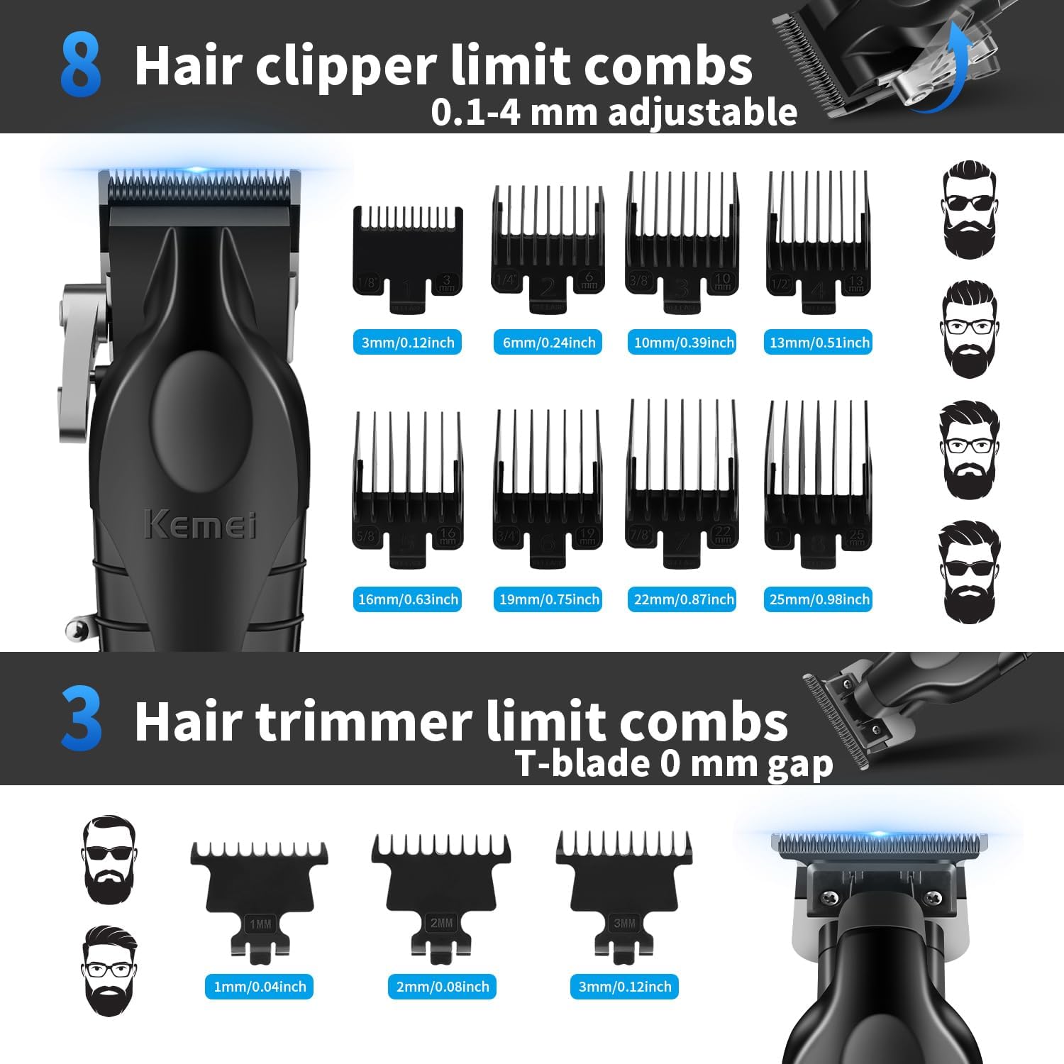 Kemei - tondeuse pro sans fil - aluminium, barbe/cheveux, kit complet