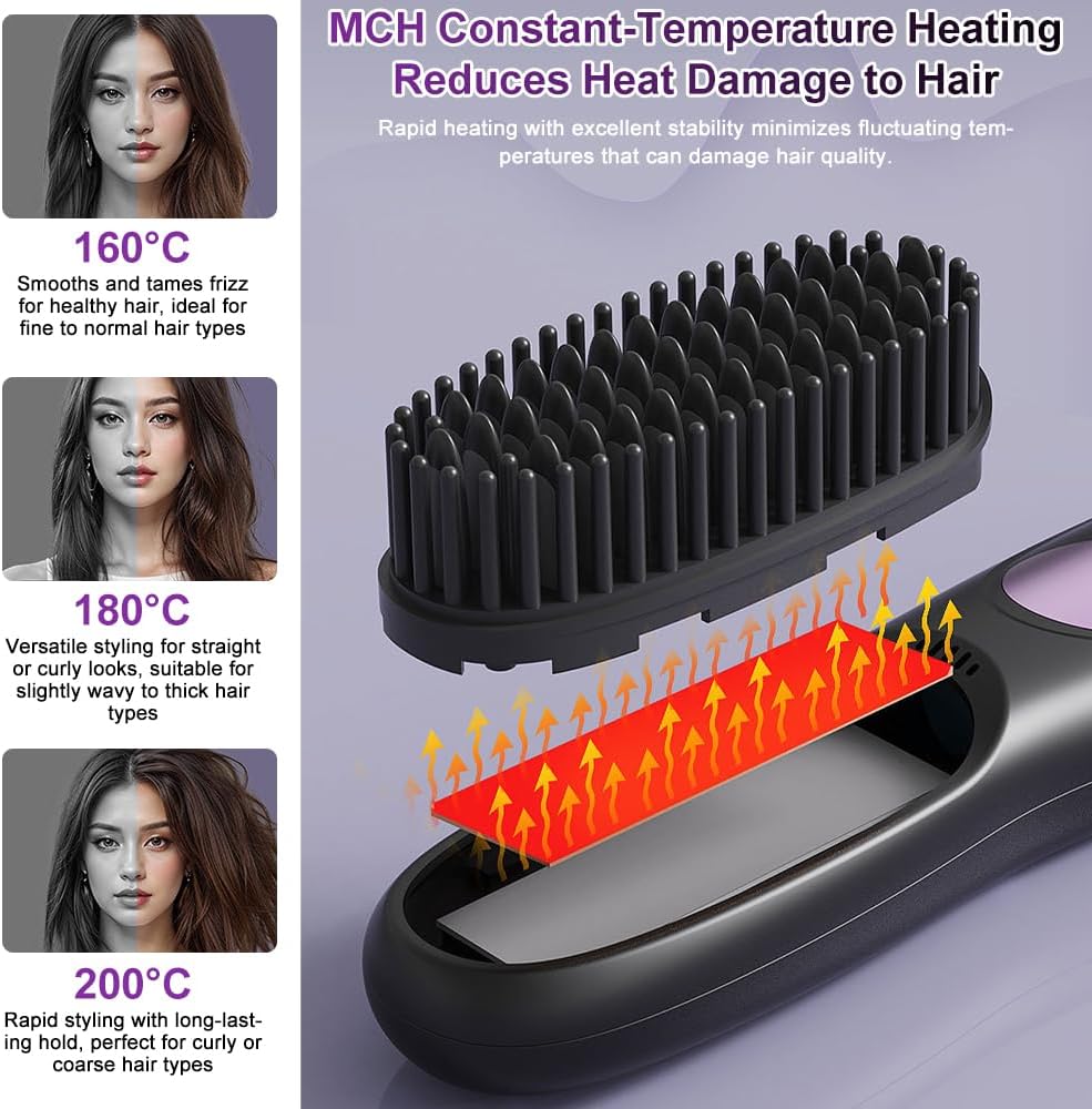 Brosse lissante sans fil - mini portable - LCD - tous types cheveux