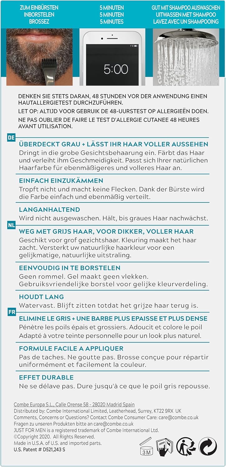 Just For Men - Barbe & Moustache - coloration naturelle, sans ammoniaque, élimine poils gris, peigne applicateur - Noir 