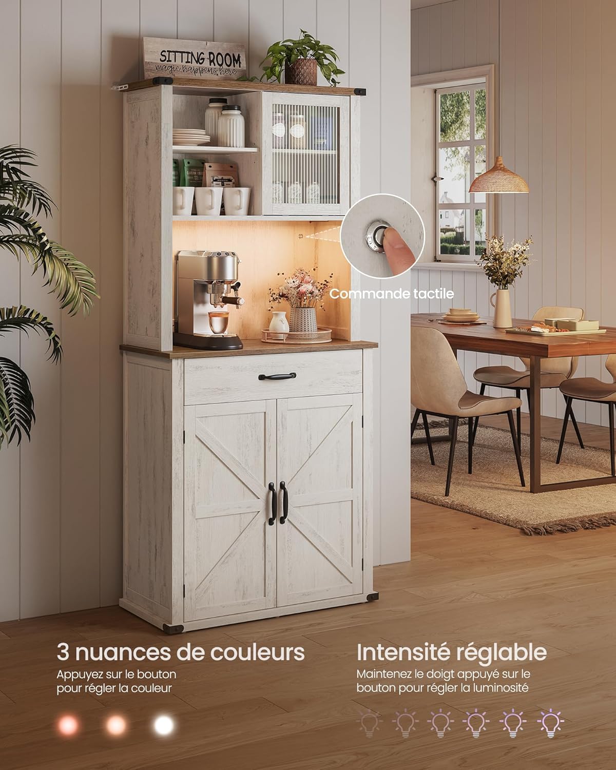 VASAGLE - meuble de rangement campagne, 39,5x80,4x180,6cm, éclairage, étagères, ports USB, BBK363W22V1