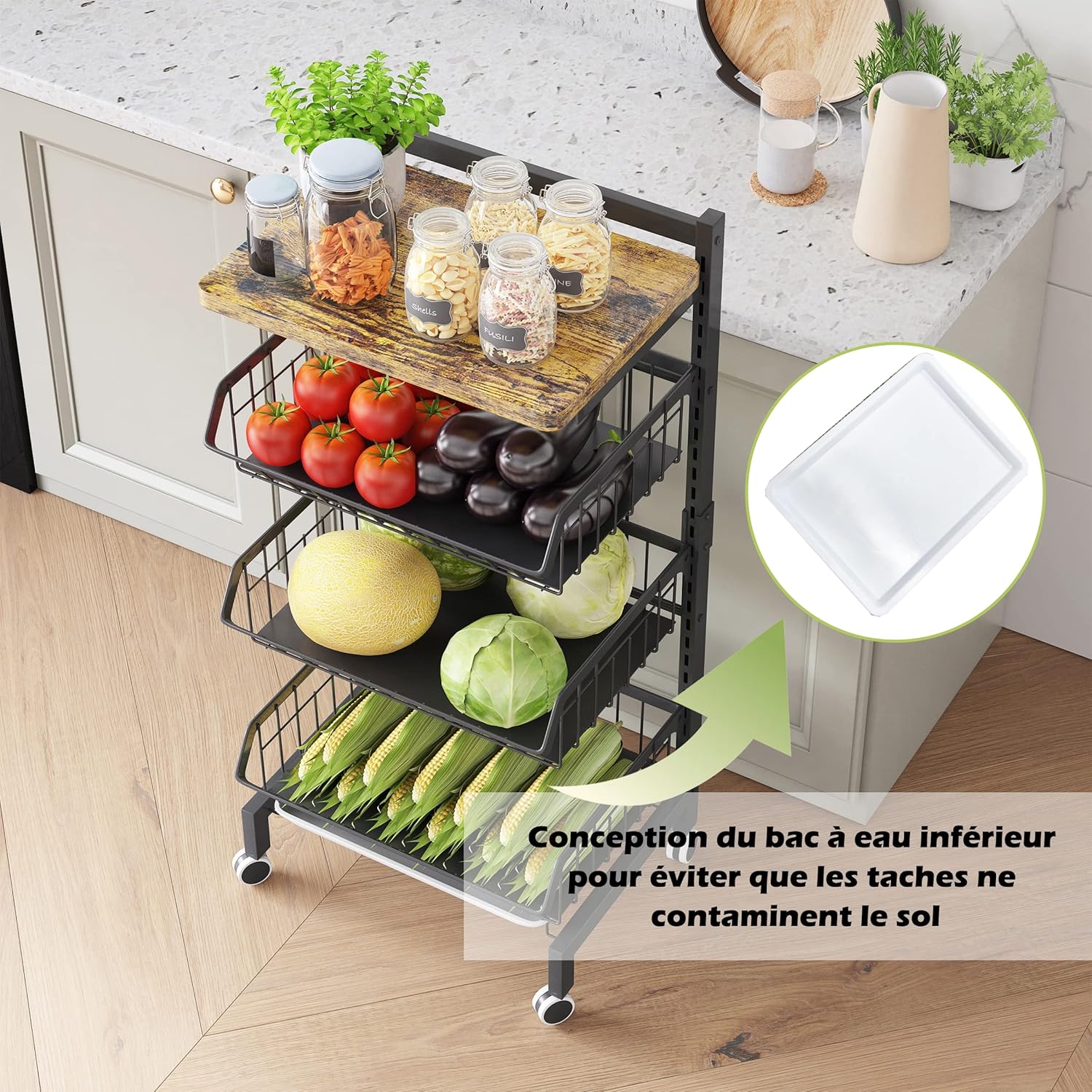 Étagère à légumes - panier empilable, roulettes, bois,  COVAODQ