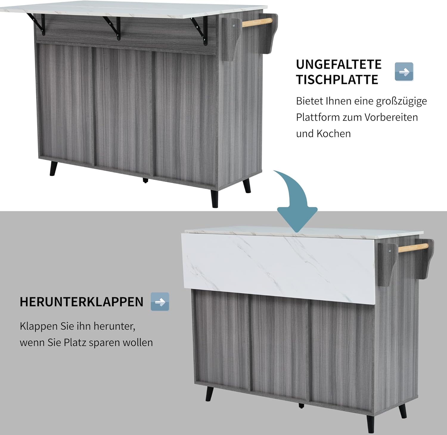 Desserte îlot de cuisine - plans rabattables, 2 tiroirs, 3 casiers - 129x71x91,5cm - gris