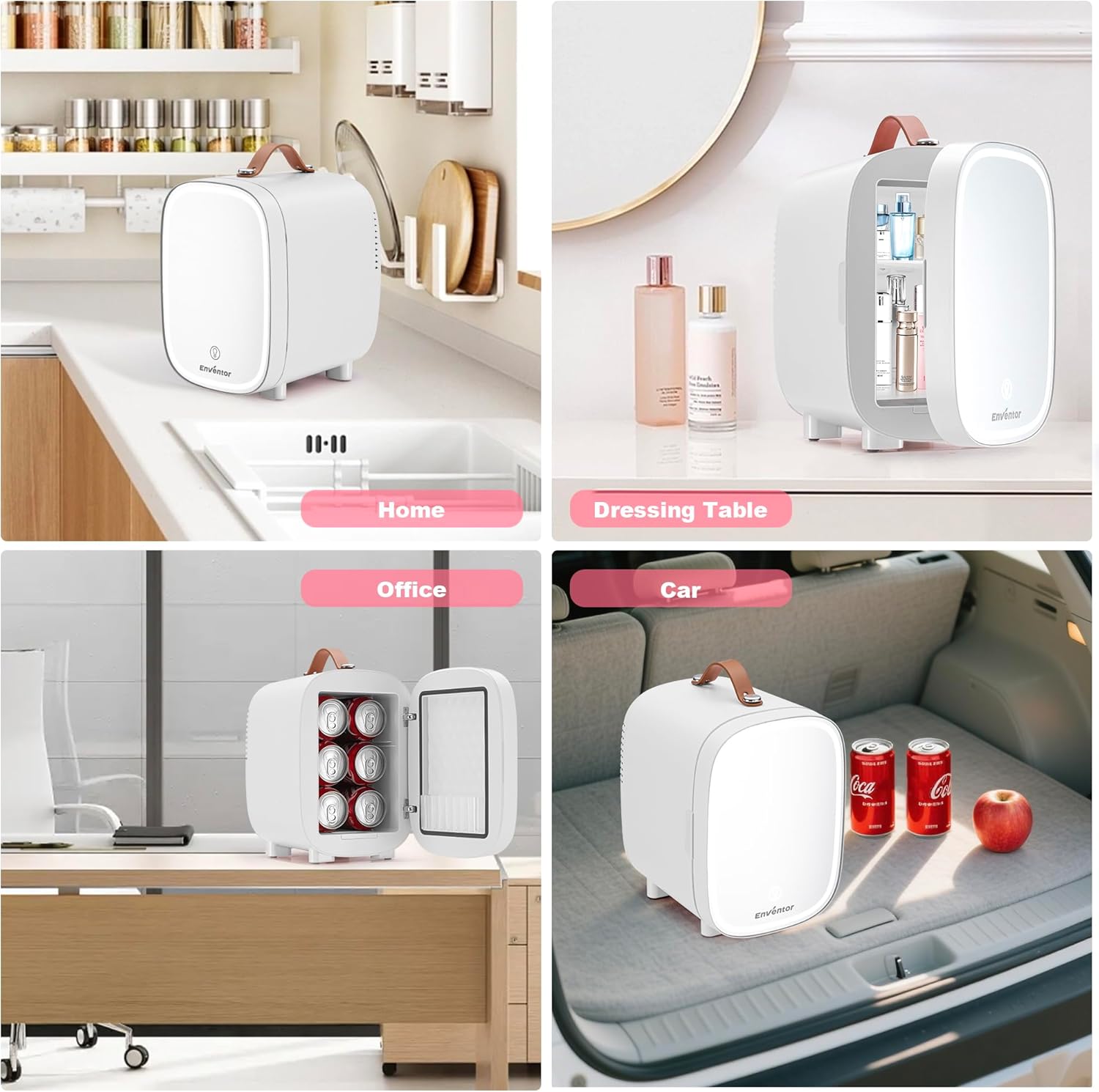 Enventor - Mini Frigo 4L - miroir LED, 6 canettes, CA/12V, blanc