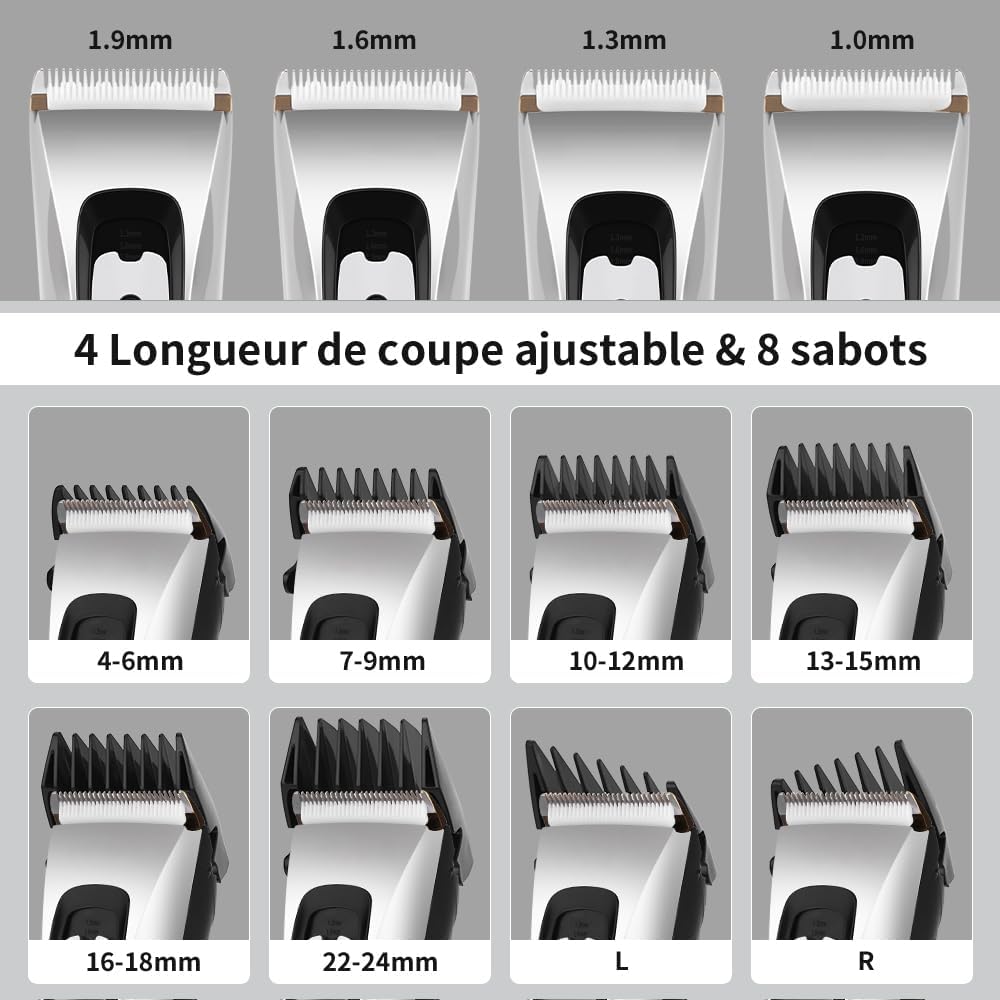 Tondeuse cheveux professionnelle sans fil, lame céramique/titane, 8 sabots, réglable