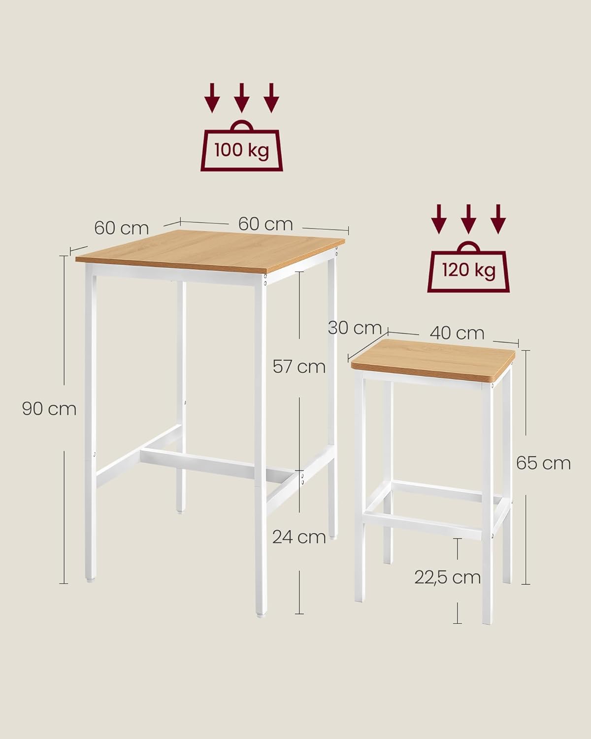 VASAGLE - Table bar & 2 tabourets, chêne doré/blanc, compact, LBT017W09