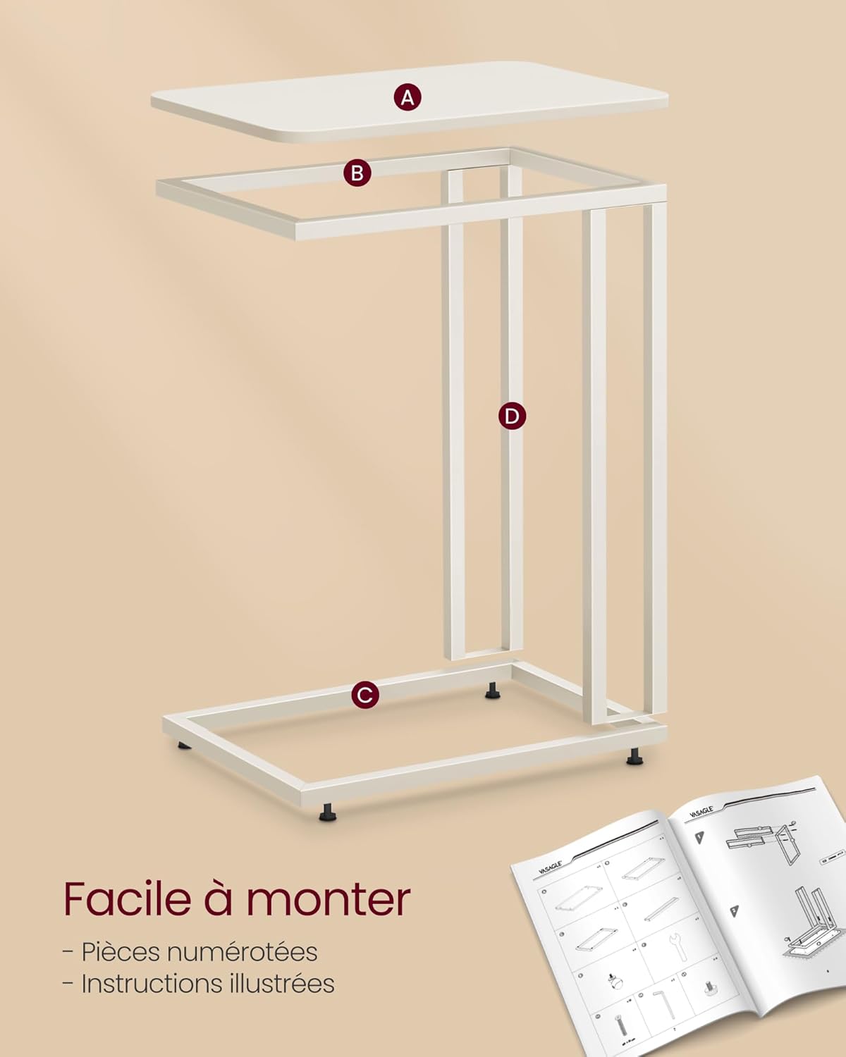 VASAGLE - Table d’appoint moderne, acier, roulettes, montage facile, 50x35x65 cm, LNT050W77