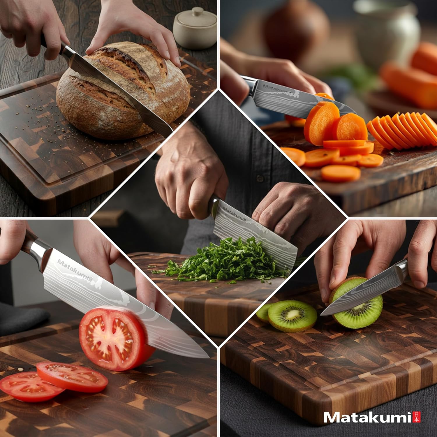 Matakumi - Set couteaux japonais damassé - 5 pièces - acier carbone, manche ergonomique