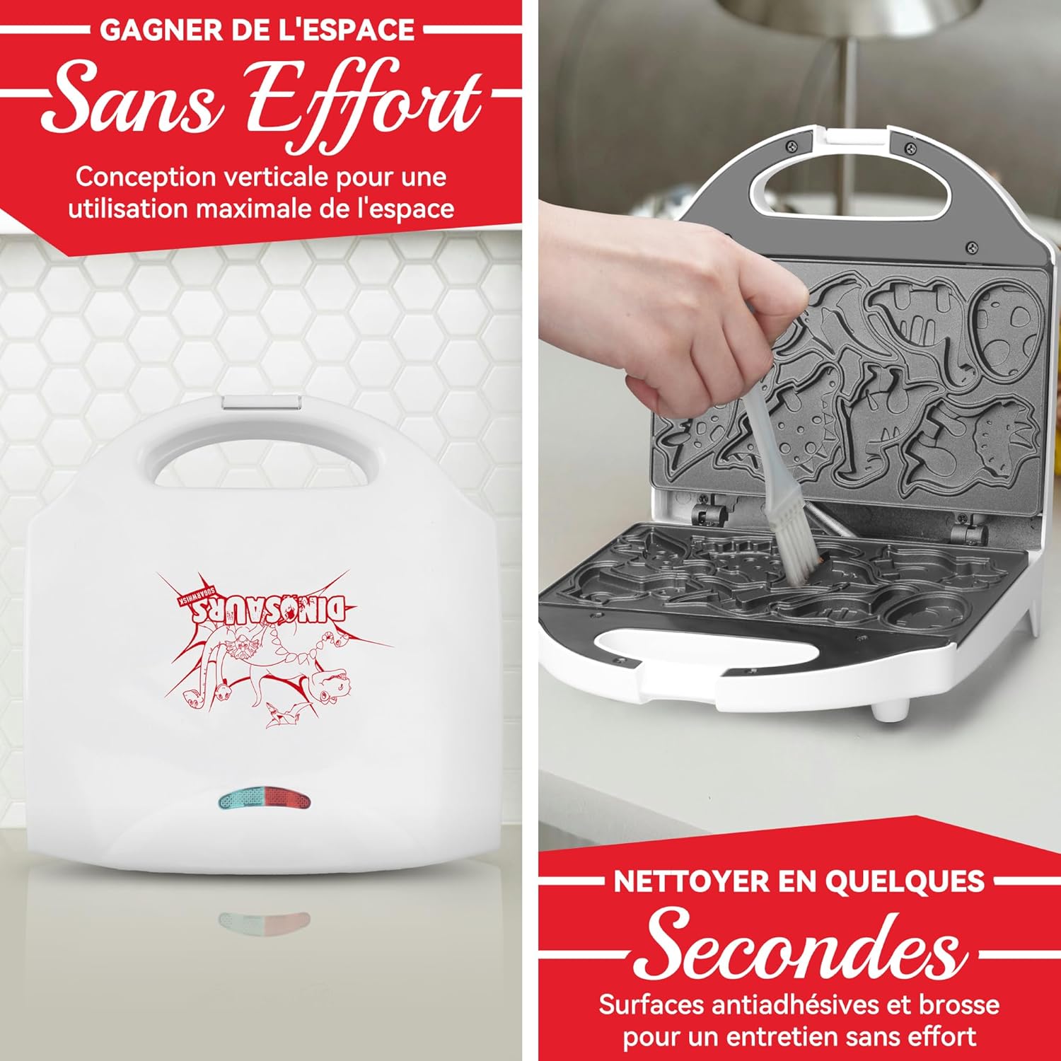 Mini gaufrier - Dinosaures - blanc - 8 motifs dinosaures, multifonction