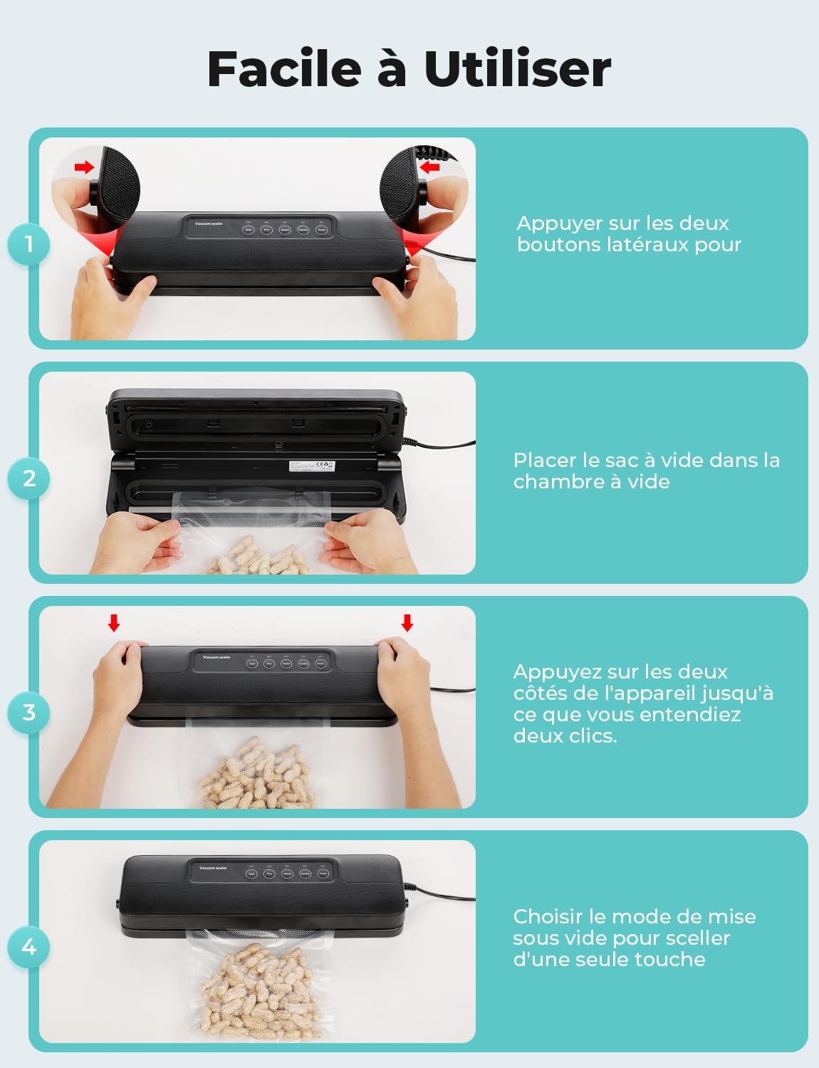 Machine sous vide alimentaire - 5 en 1, sec/humide, 10 sacs inclus, noir