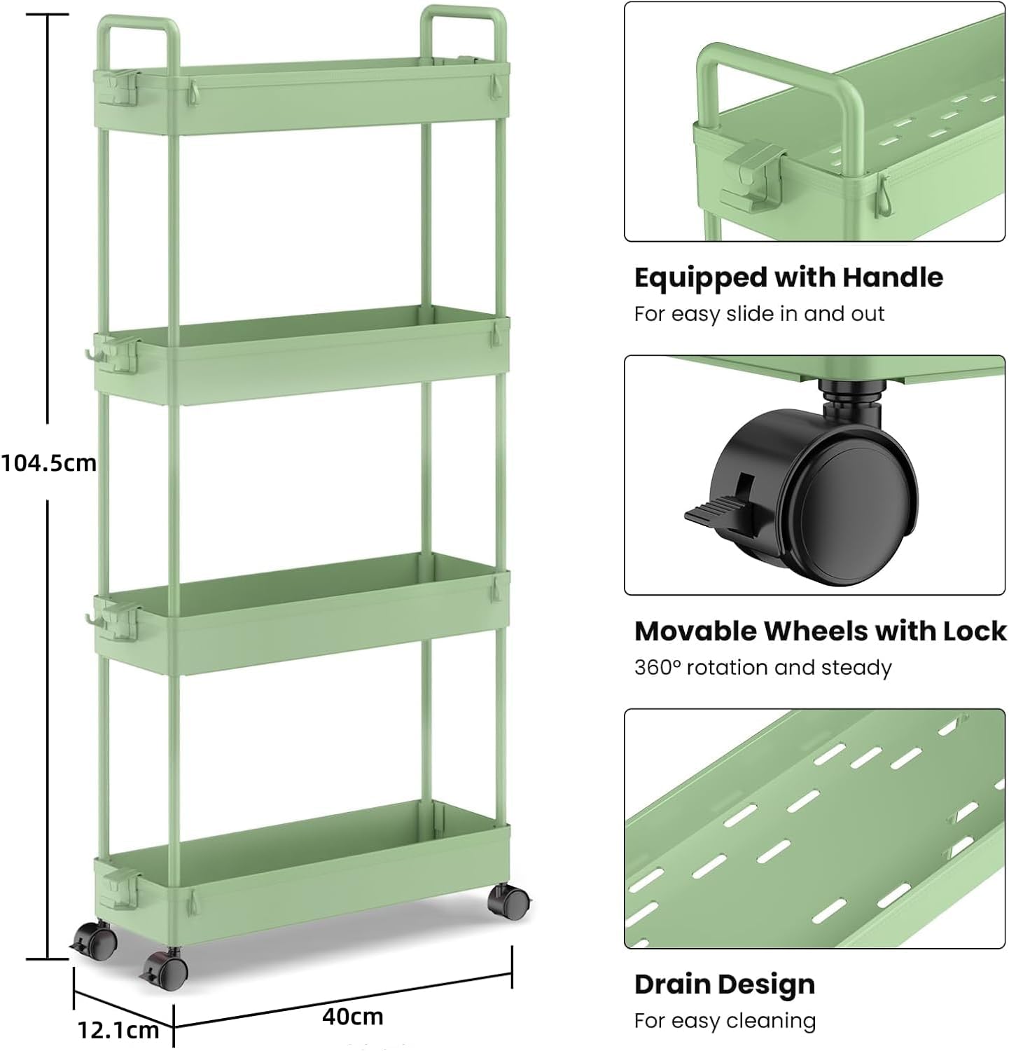 SOLEJAZZ - Chariot de rangement 4 niveaux - plastique vert, à roulettes, compact, pour espaces étroits