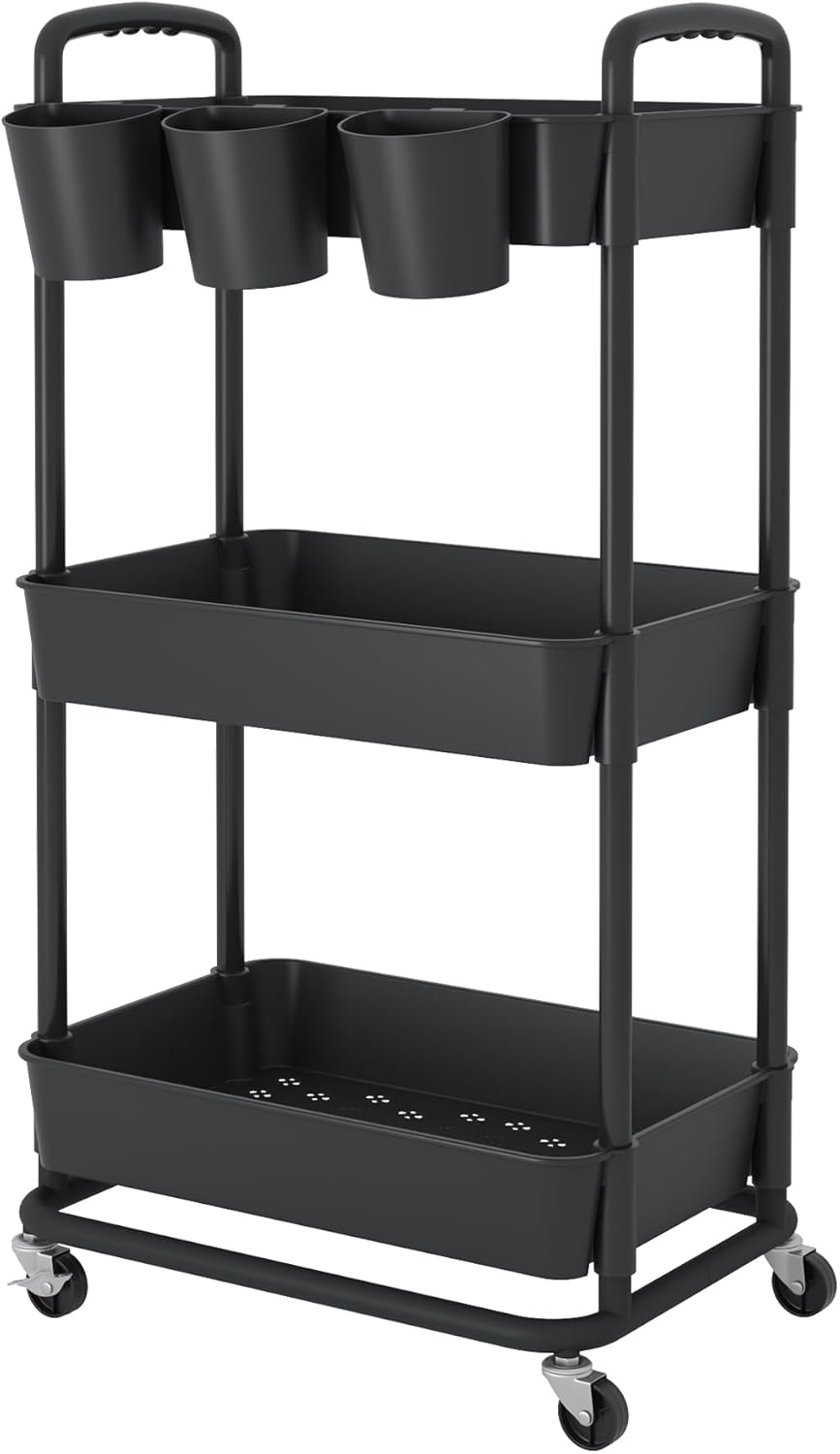 JIUYOTREE - Chariot 3 niveaux, roulettes verrouillables, poignées, gobelets, 79x42x36cm